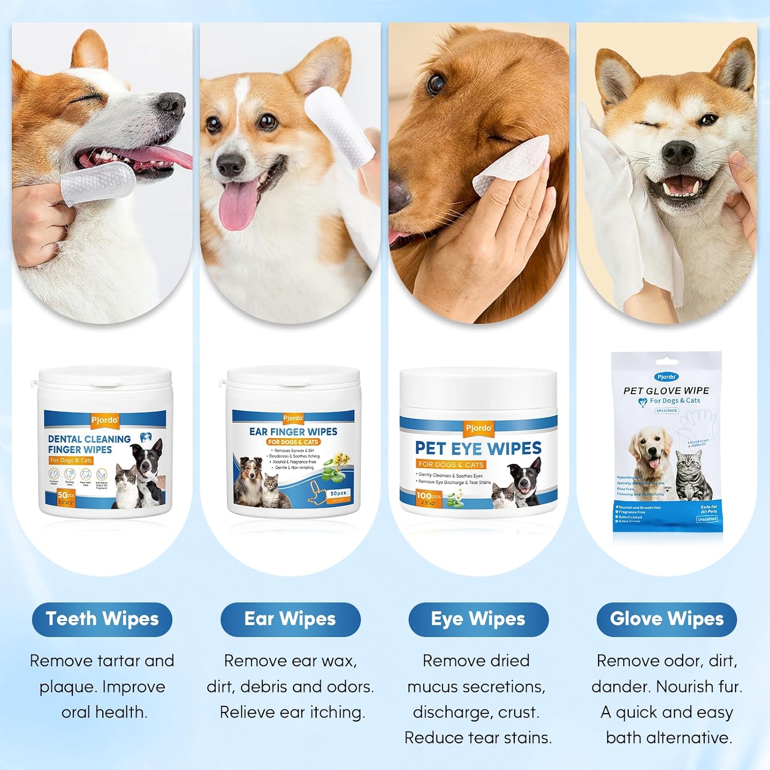 Pet Essential Supplies for Dog & Cat, Cleaning Kit for Whole Body, Pet Wipes Cleaning Deodorizing, Grooming Wipes & Paw Cleaner, Finger Wipes for Teeth, Ear & Eyes, Suitable for Daily Care - view 3