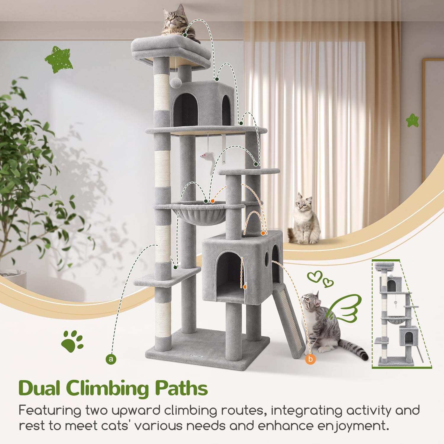 Heavy Duty Cat Tree, 70 inch Sturdy Cat Tree for Indoor Cats Extra Large Cat Tower with Scratching Post, Hammock, Cat Condo for Adult Cats Kittens, F70 Pro, Light Grey - view 5