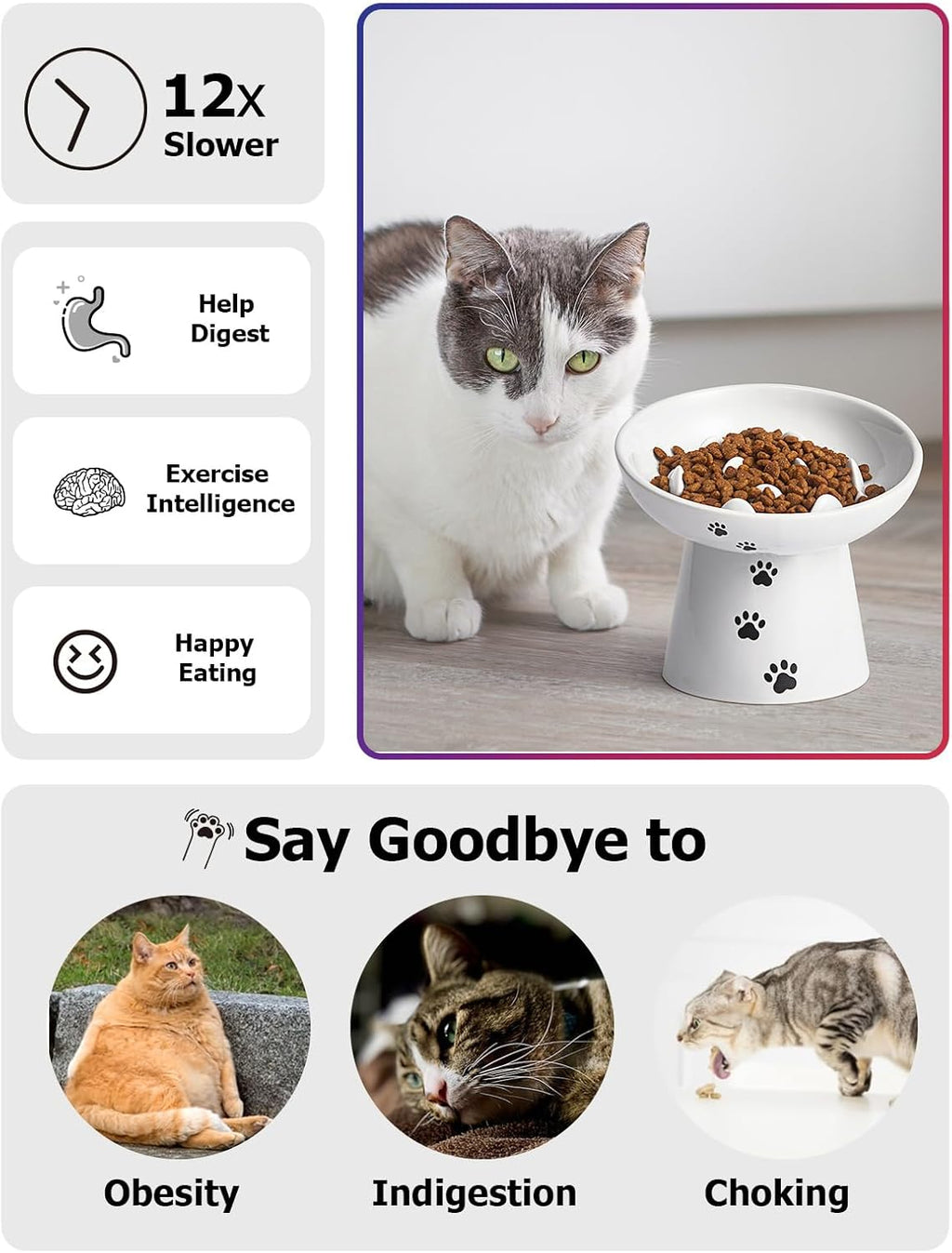 Slow Feeder Cat Bowl, Ceramic Cat Slow Feeder Bowl, 6 Inches, Elevated, Anti Vomiting for Dry and Wet Food, White - view 3