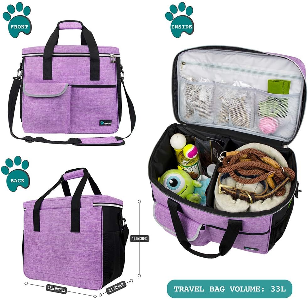 Dog Travel Bag Organizer, Pet Travel Kit with 2 Food Containers & 2 Collapsible Dog Bowls, Pet Supplies Tote with Luggage Sleeve, Weekend Road Trip Camping Essentials, Purple, Large - view 2