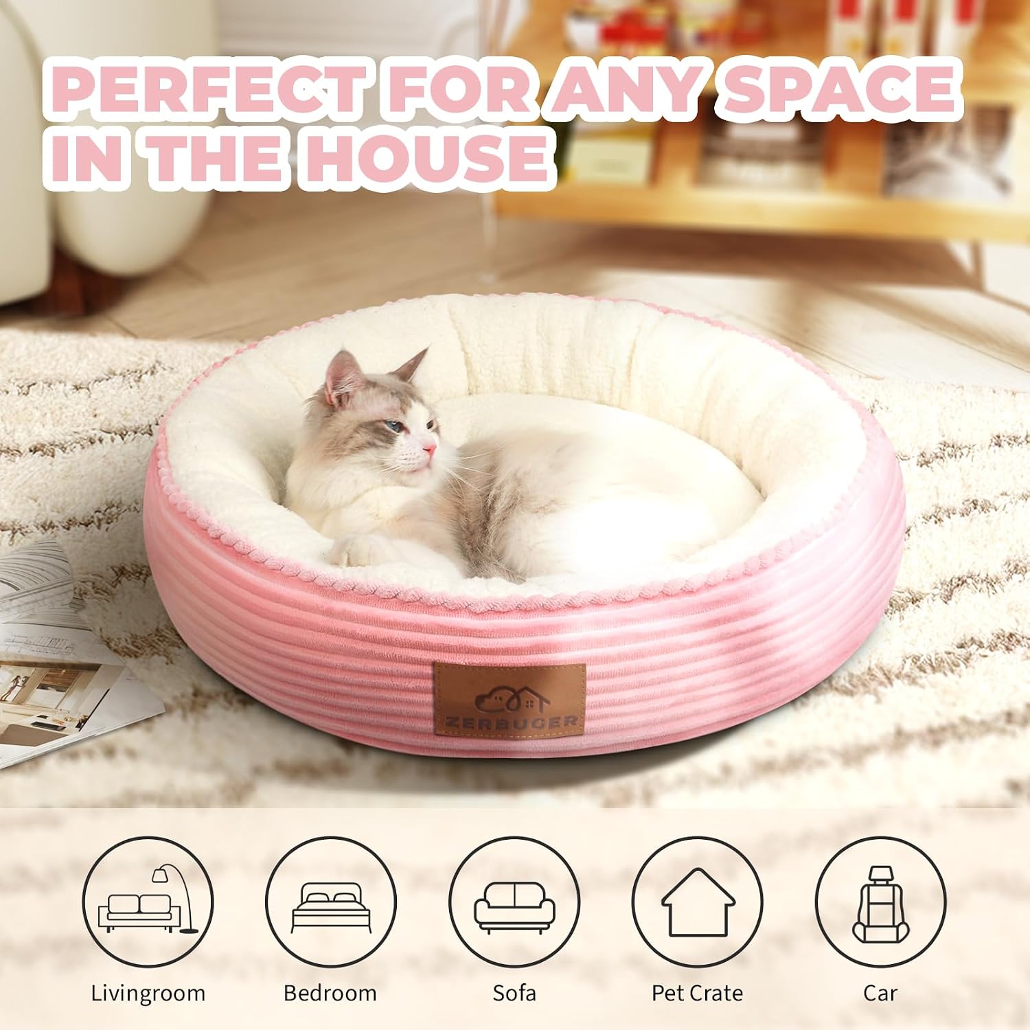 20in Washable Cat Beds for Indoor Cats - Round Donut Pet Bed for Cats, Small Dogs, Puppy, Kitten - Anti-Slip Bottom, Calming Bed Gift - Pink - view 7