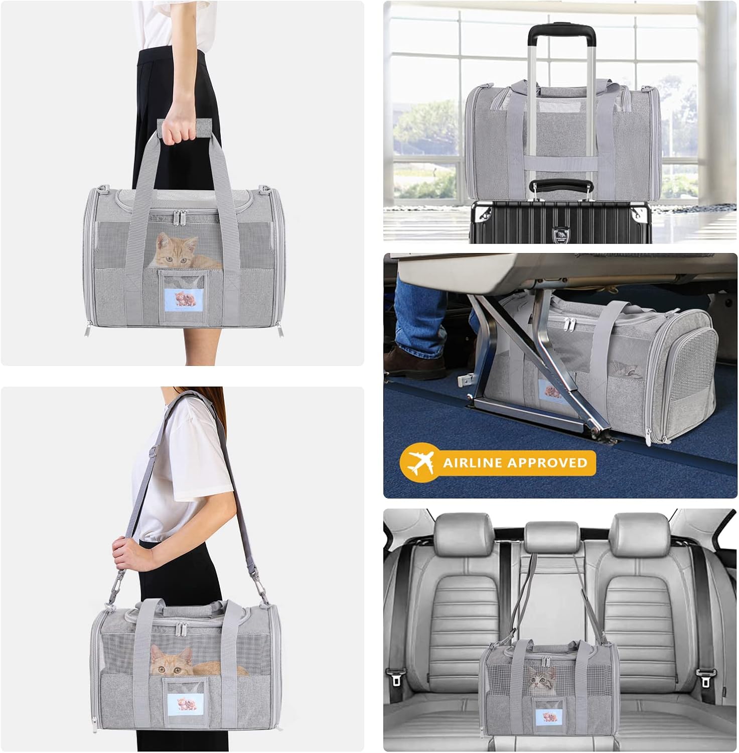 Cat carrier pet dog carrier airline approved for puppy cat carrier under 15 lbs, collapsible soft sided airline approved cat carriers, grey - view 6