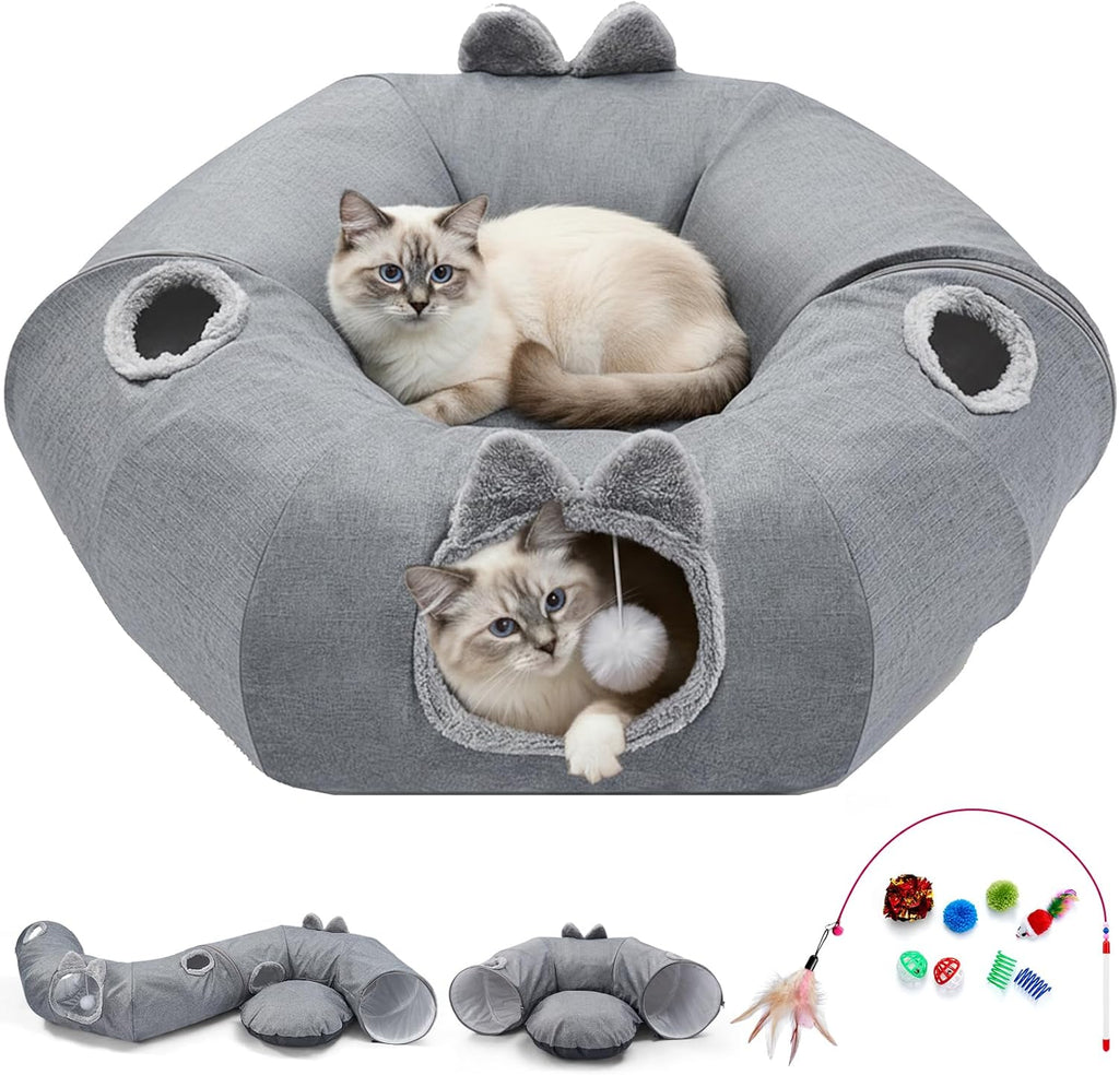 Linen cat tunnels with central cat bed, interactive cat toys detachable washable soft mat large indoor play tunnel cave for kittens and small animals