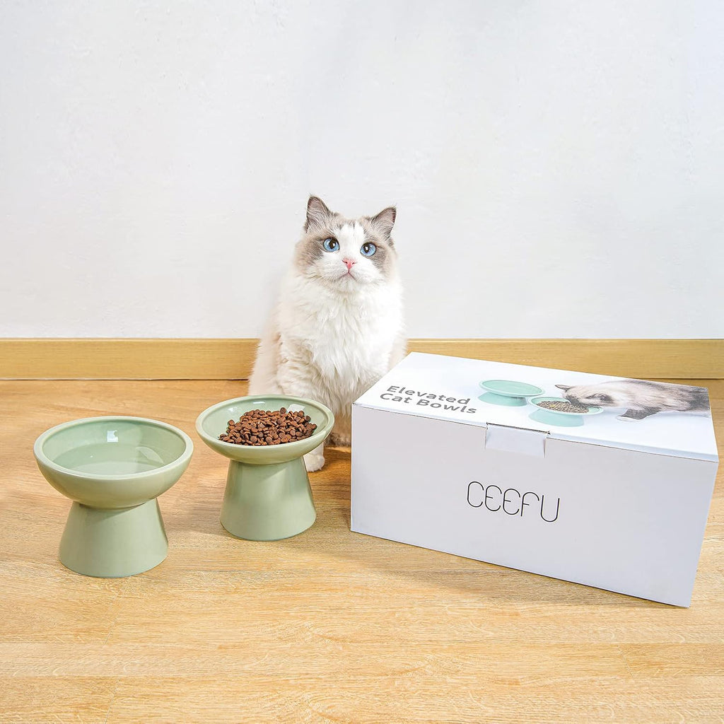 2-Pack Elevated Ceramic Cat Bowls Extra Wide for Food & Water | Anti Vomiting, Whisker Friendly, Shallow Food Dish and Deep Water Bowl, Lead&Cadmium-Free, Raised Height for Cats, Sage Green - view 8