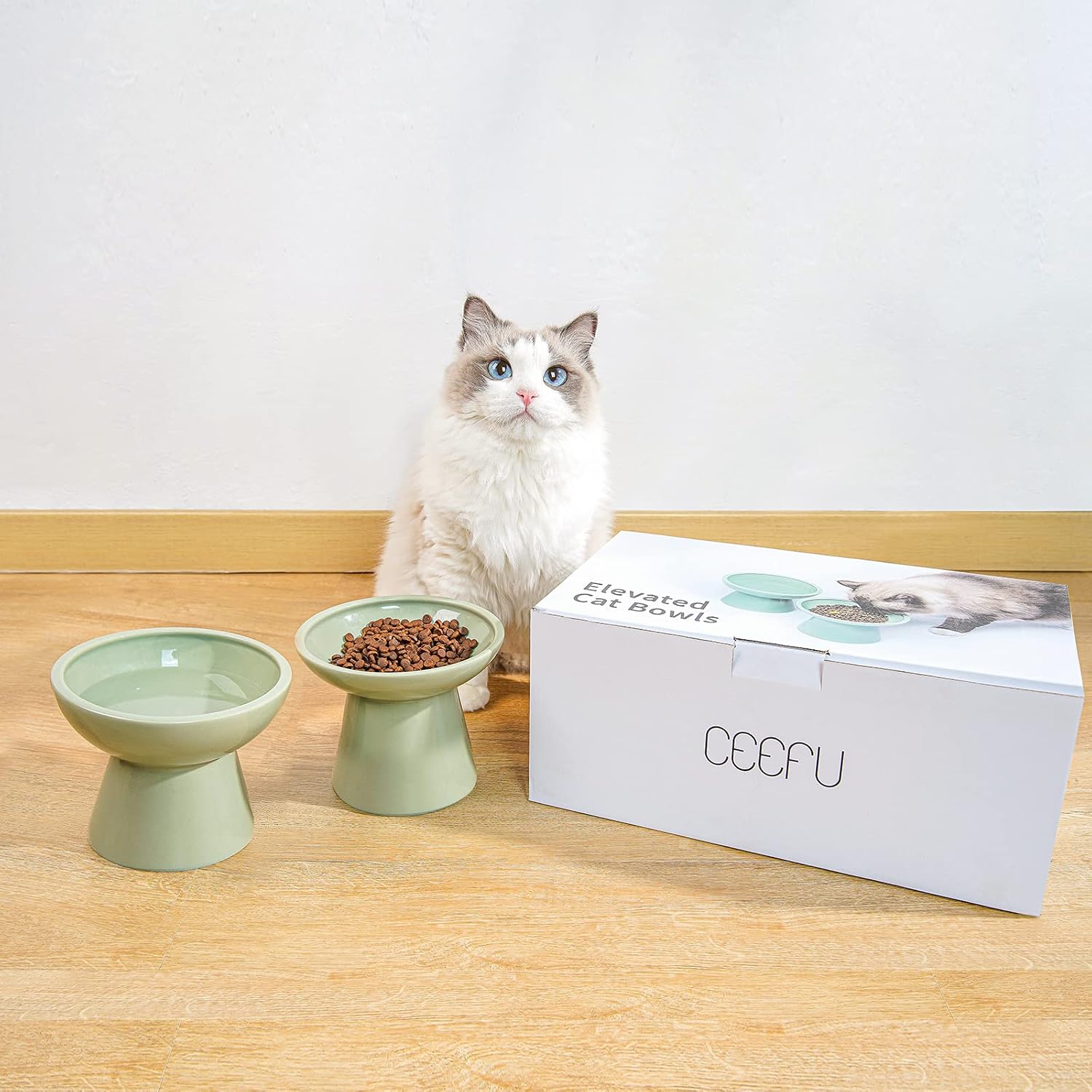 2-Pack Elevated Ceramic Cat Bowls Extra Wide for Food & Water | Anti Vomiting, Whisker Friendly, Shallow Food Dish and Deep Water Bowl, Lead&Cadmium-Free, Raised Height for Cats, Sage Green - view 8
