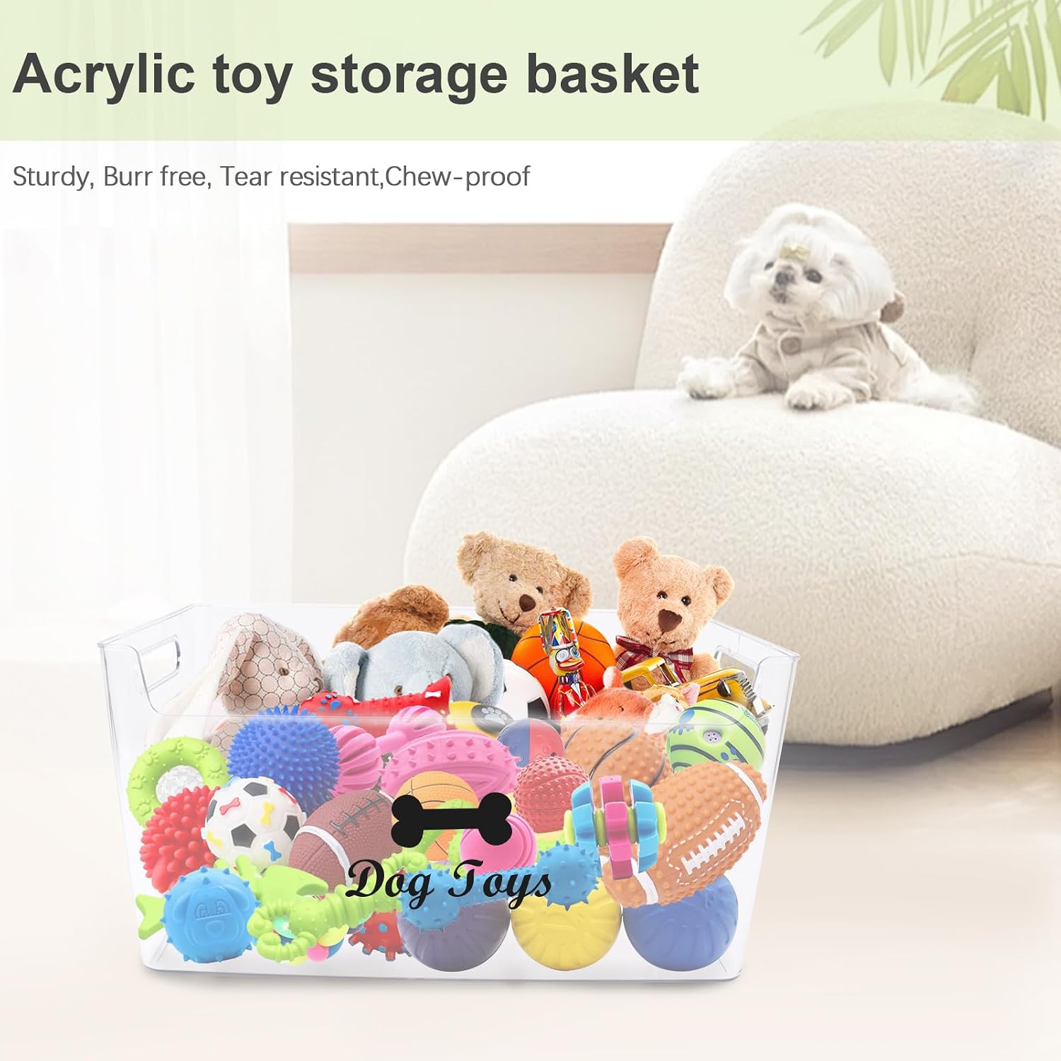 Dog Toy Basket with Handle - Clear Plastic Waterproof Dog Storage Organizer for Toys, Blankets, Leashes, Treats & Grooming Supplies - 1Pack - view 3