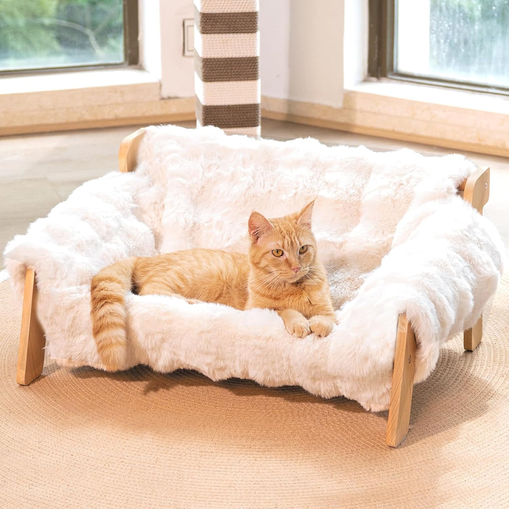 Elevated Cat Couch Bed Wooden Raised Kitty Sofa Lounge Chair | Washable Fluffy Cover Wooden Elevated Pet Furniture for Indoor Cats and Puppy(White)
