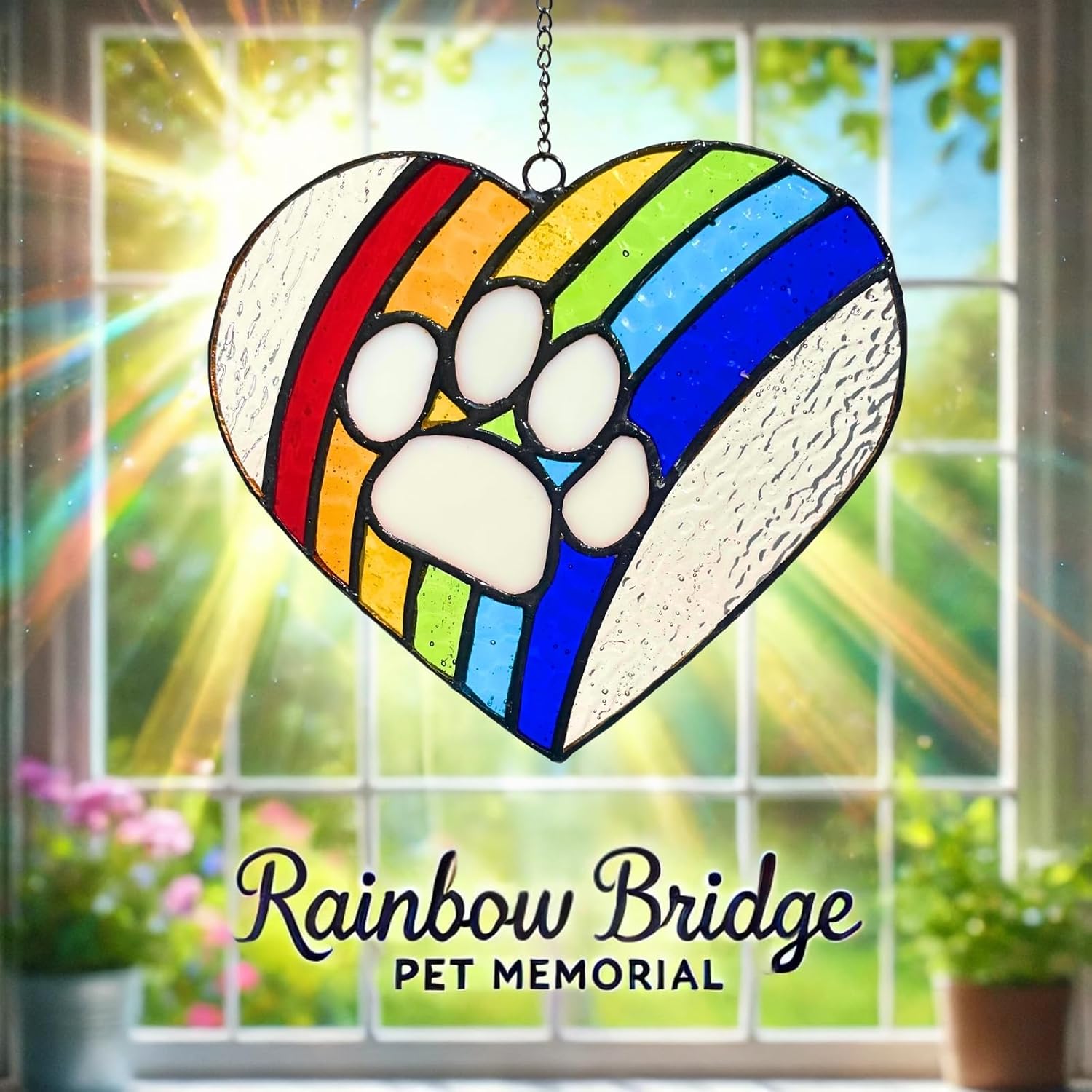 LASTINGTAILS Stained Glass Rainbow Bridge Dog Memorial Gifts, Heart Paw Print Suncatcher, Pet Remembrance for Pet Lovers - view 2