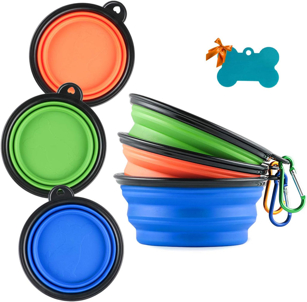 Collapsible silicone dog bowls, 3-pack travel pet food water bowls in orange, green and blue. 5.1 in wide, 2.1 in tall, folds to 0.5 in. Holds 12 oz water or 1.5 cups food. Includes ID tag.