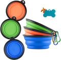 Collapsible silicone dog bowls, 3-pack travel pet food water bowls in orange, green and blue. 5.1 in wide, 2.1 in tall, folds to 0.5 in. Holds 12 oz water or 1.5 cups food. Includes ID tag.