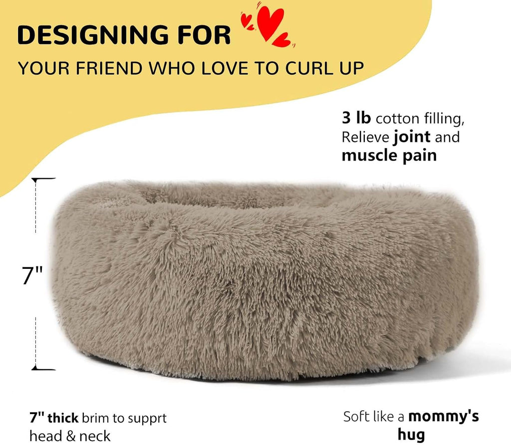 Calming Donut Cuddler Dog Bed, Round Fluffy Pet Bed with Sewn-in Cushion for Large Dogs,Washable, Large, Taupe, 30'' - view 2