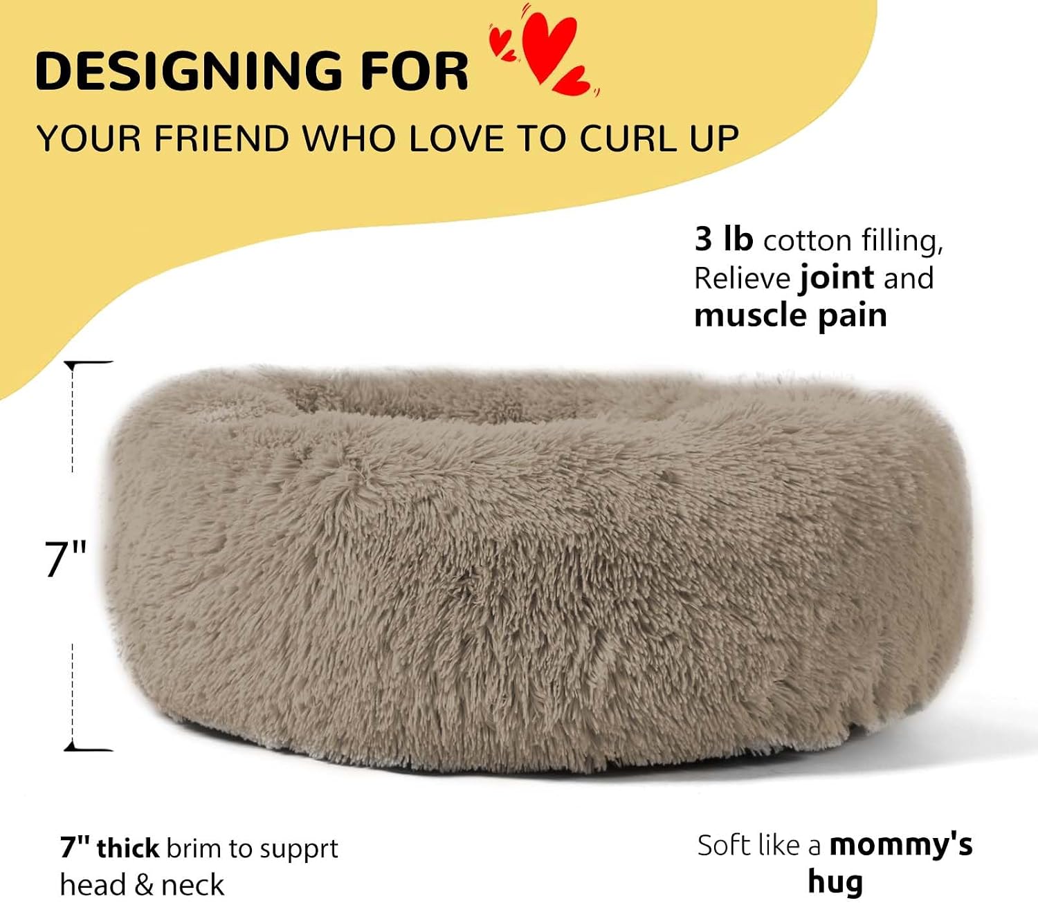 Calming Donut Cuddler Dog Bed, Round Fluffy Pet Bed with Sewn-in Cushion for Large Dogs,Washable, Large, Taupe, 30'' - view 2