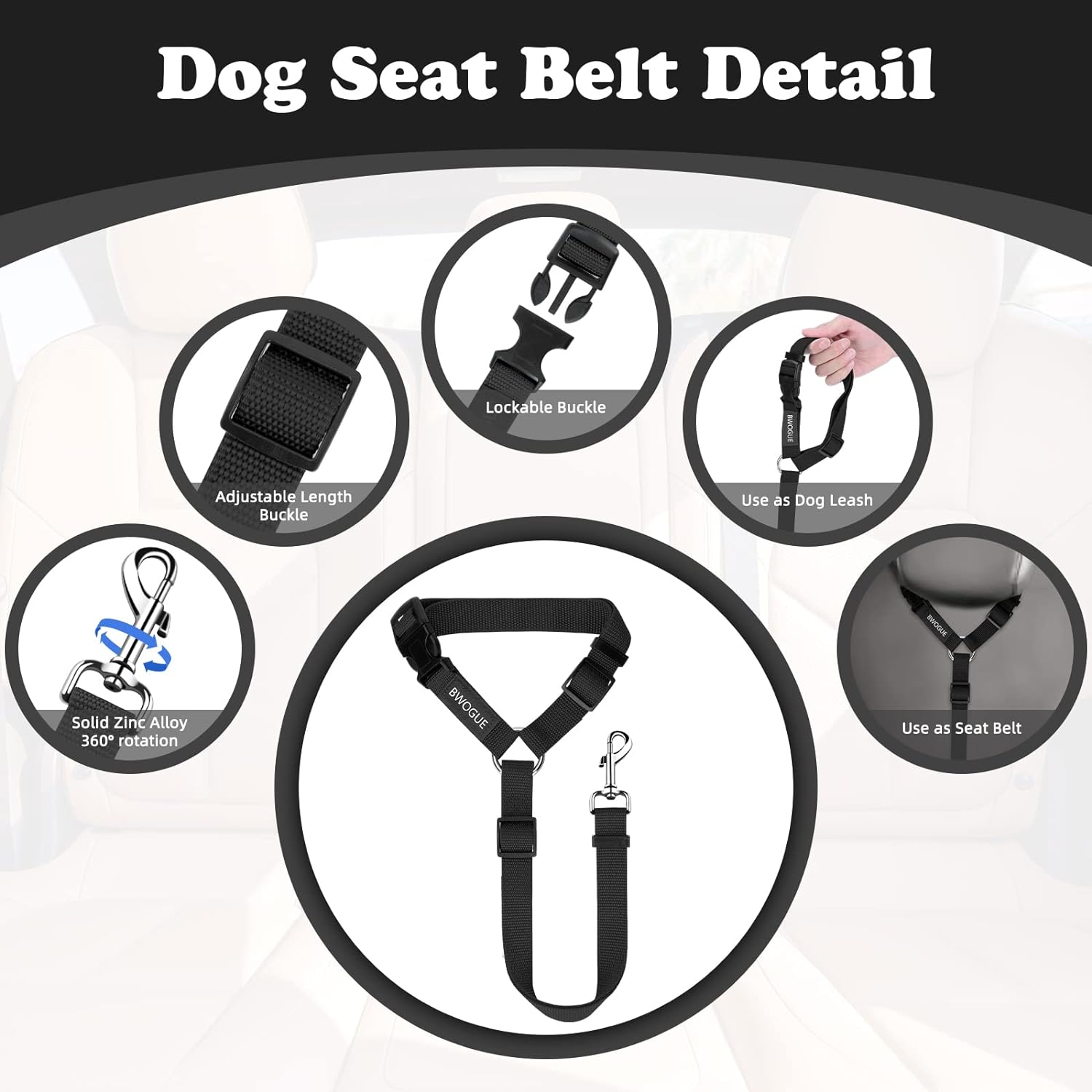 Dog seat belt for car, headrest restraint safety lead, dogs cats | adjustable 18-30 in length, headrest loop for car travel, 2-in-1 seat belt and leash, use with dog harness, zinc alloy snap - view 3