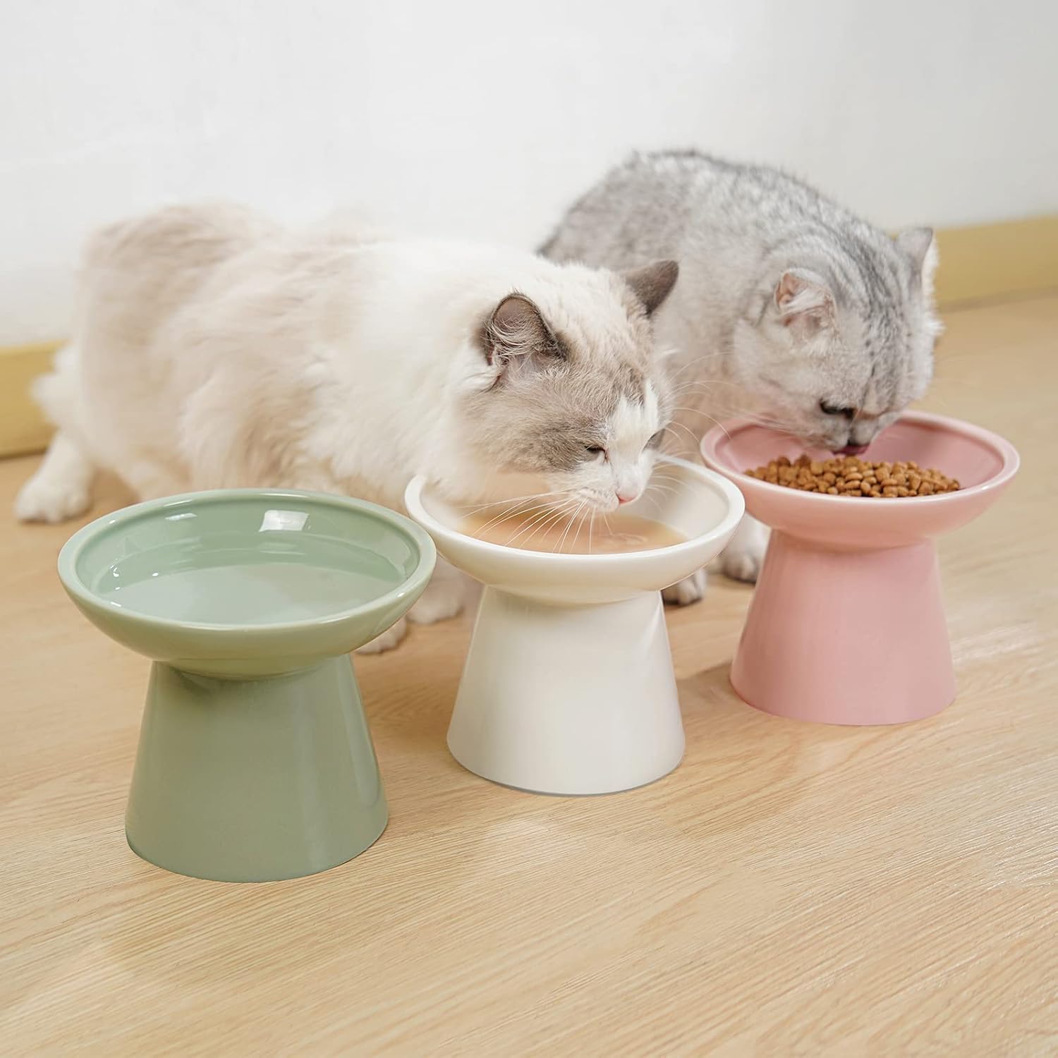 Extra Wide Elevated Ceramic 6.2" Shallow Cat Food Bowl | Cat Dish for Whisker Fatigue Relief, 5" Height for Easy Feeding, Lead & Cadmium Free, Durable Raised Cat Bowl, Sage Green - view 7