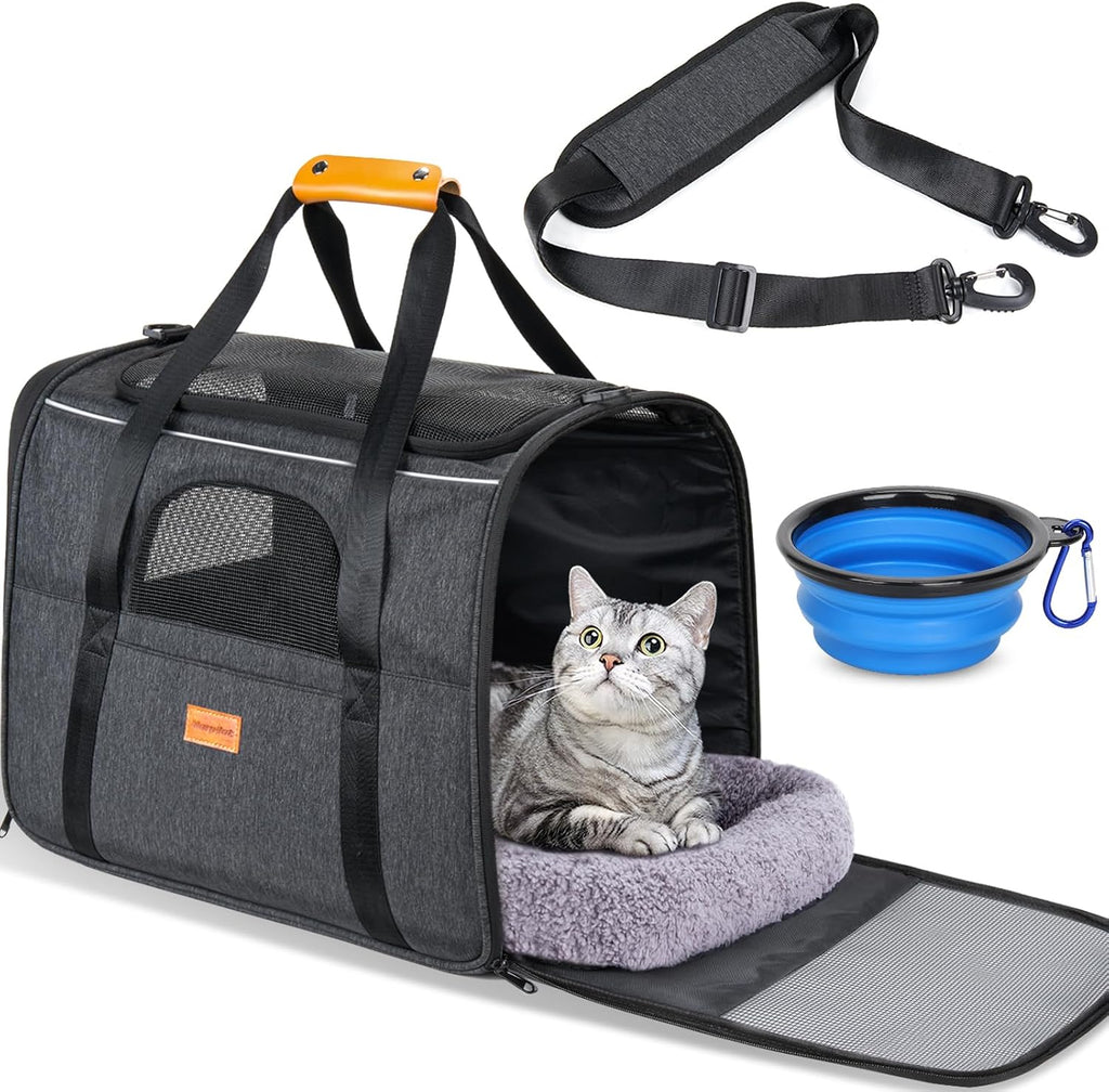 Cat Carrier - Cat Carrier Soft for Medium or Large Cats up to 20lbs, with Dual-Sided Cushion, Secure Buckle and Foldable Bowl, Dog Carriers for Small Dogs - Pet Carrier (Dark Gray) | with Dual-Sided Cushion, Secure Buckle and Foldable Bowl, Dog Carriers f