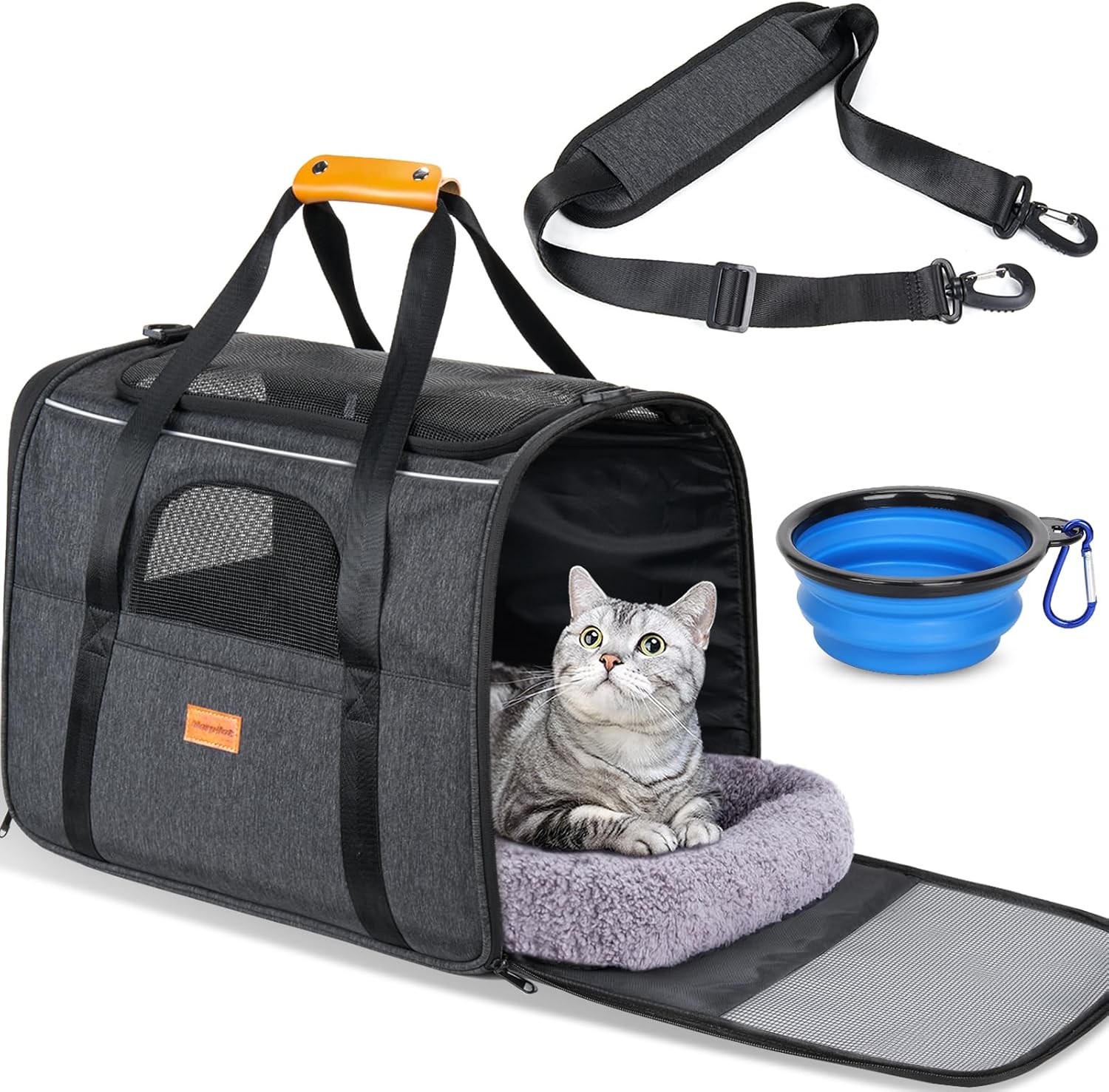 Cat Carrier - Cat Carrier Soft for Medium or Large Cats up to 20lbs, with Dual-Sided Cushion, Secure Buckle and Foldable Bowl, Dog Carriers for Small Dogs - Pet Carrier (Dark Gray) | with Dual-Sided Cushion, Secure Buckle and Foldable Bowl, Dog Carriers f