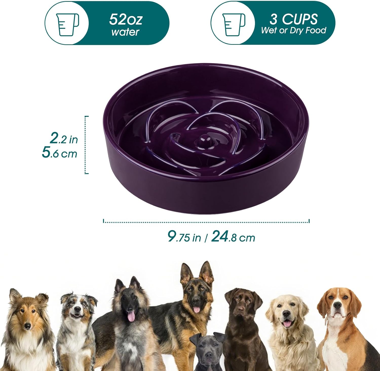 Slow Feeder Dog Bowl, 3 Cups Ceramic Large Puzzle Dog Food Dish | Maze Dog Food Bowl for Fast Eaters, Slow Feeding Design for Large Dogs, Promotes Healthy Eating Habits, Dark Purple - view 2