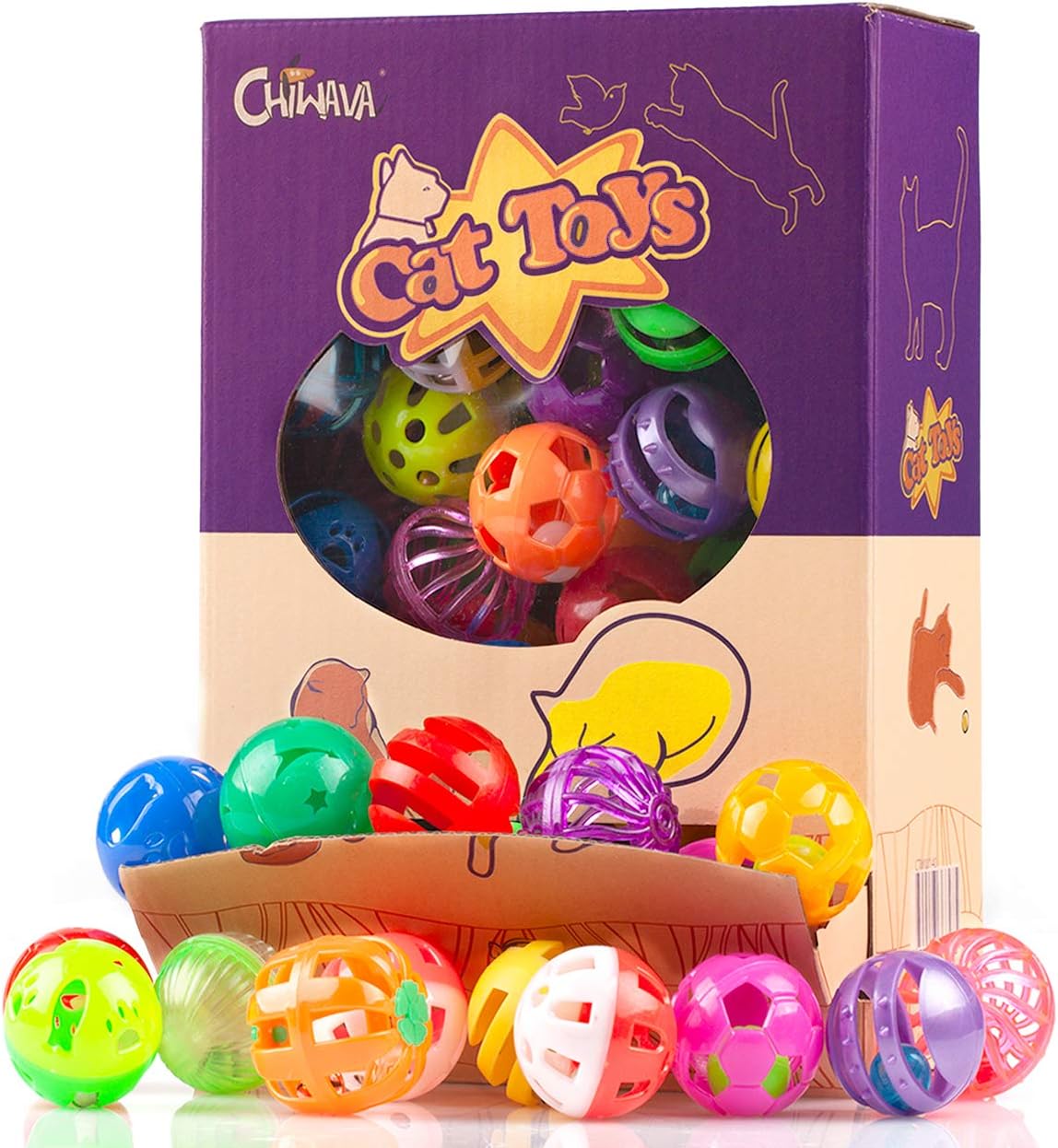 48PCS Plastic Noisy Cat Toy Ball with Bell Kitten Chase Toys 8 Type | Jingle Balls Kitten Chase Pounce Play,Cats Interactive Toy,Lightweight Indoor Exercise Plays, Assorted Color Size