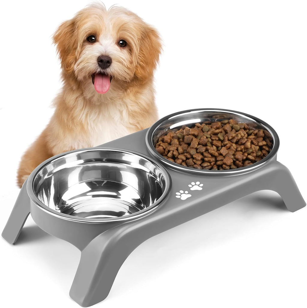 Elevated dog bowls for small dogs, 3" high raised dog bowl stand with dual 5" stainless steel bowls non-slip pet feeder for puppy and cats, dishwasher safe, grey