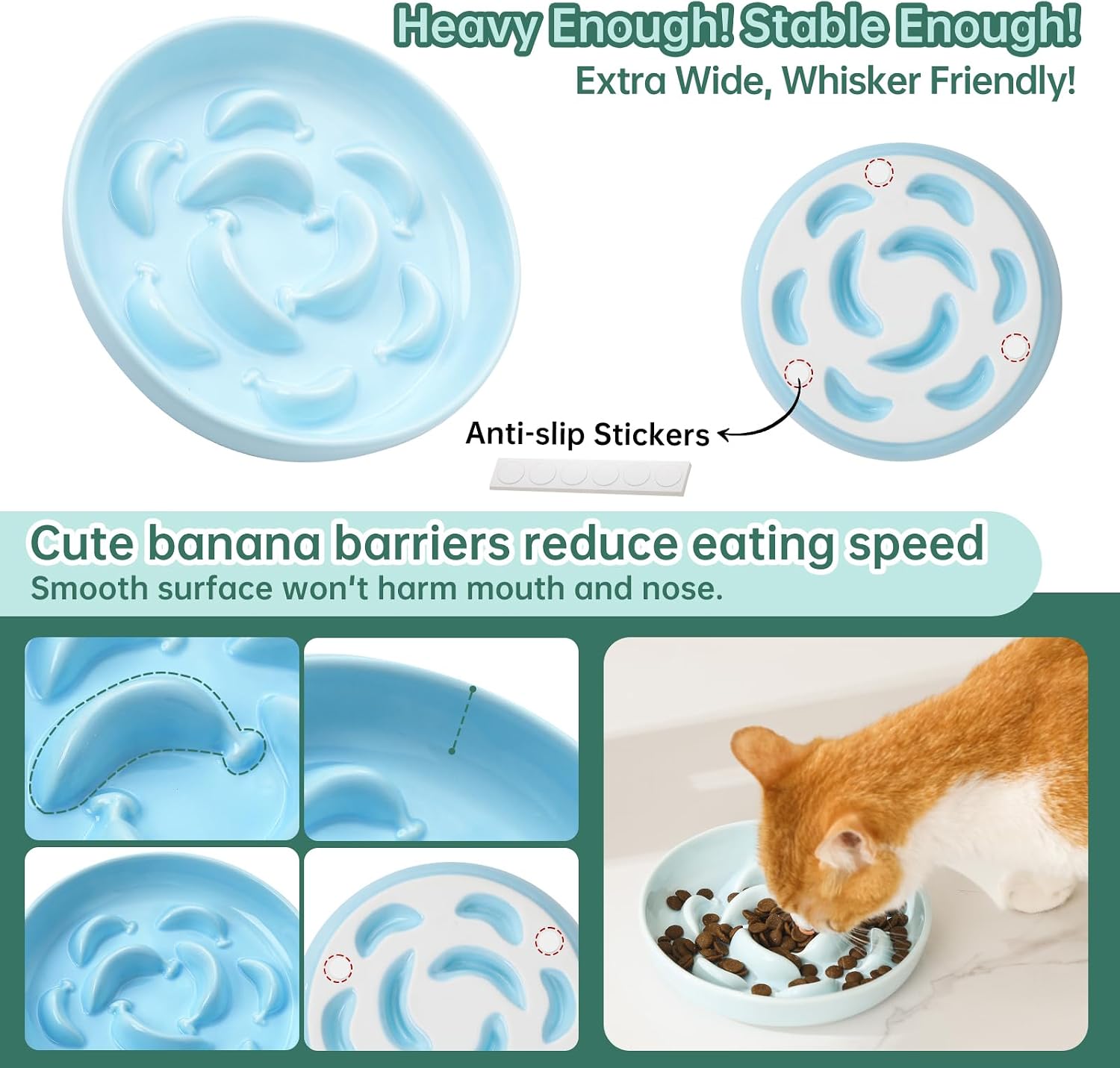 2 pcs ceramic cat slow feeder bowl set, 6.3" wide, slow eating 5X | whisker friendly shallow slow feeding cat dishes, anti-vomit, for dry and wet food, microwave and dishwasher safe, white blue - view 4