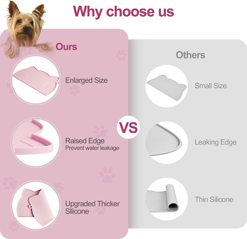 Cat Food & Water Mat Thicker Non-Slip Silicone Mat with Raised Edge | Pink water food bowl mat,Feeding Fountain mat for indoor cats - view 5