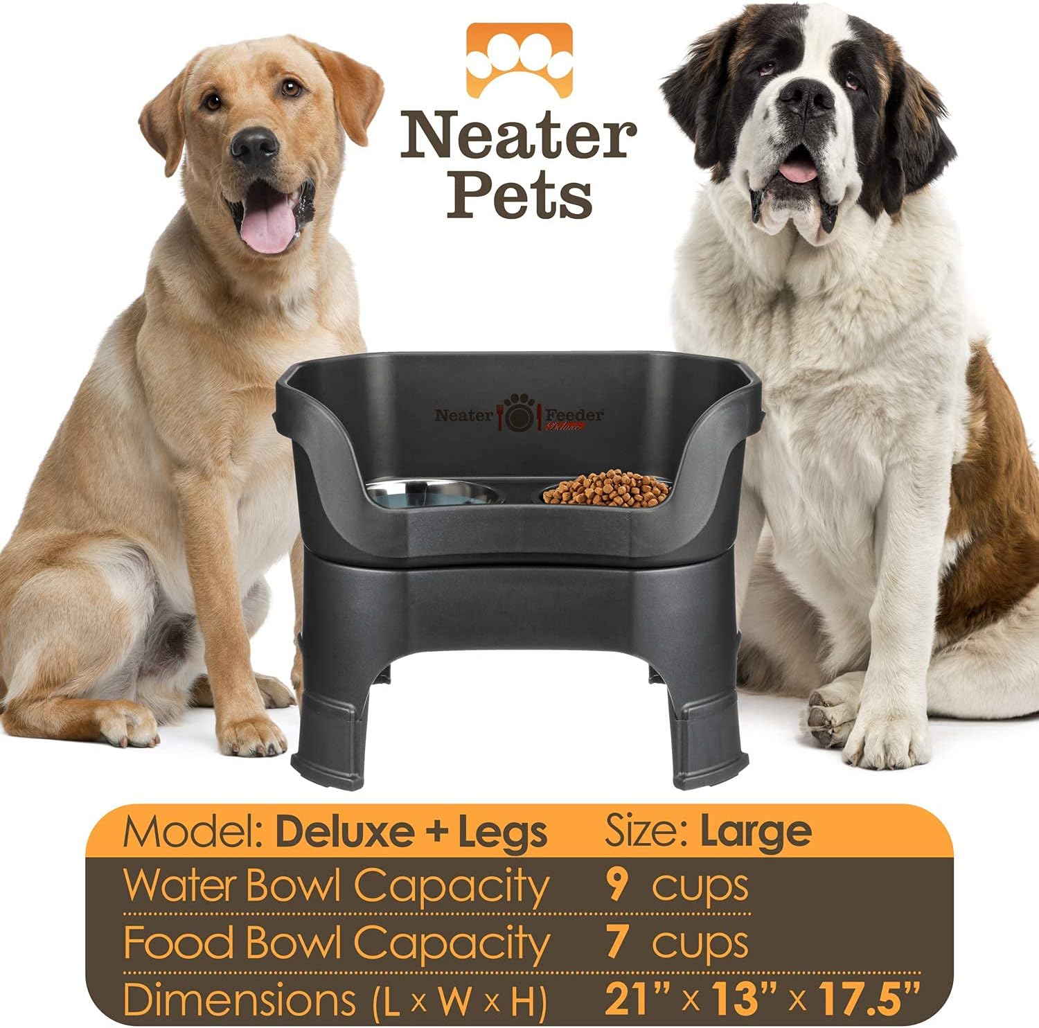 Mess-proof elevated dog bowls for large dogs (40+ lbs), 2 height adjustable (14.5" & 17.5") no-spill raised dog bowl stand, stainless steel food bowl set, made in USA, black - view 4