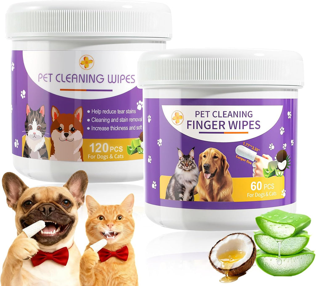 Pet Wipes Set for Dogs & Cats, Dental Finger Wipes & Eye Pads for Cleaning | Daily Pet Grooming Wipes Kit Pet Teeth Cleaning Dog Dental Care