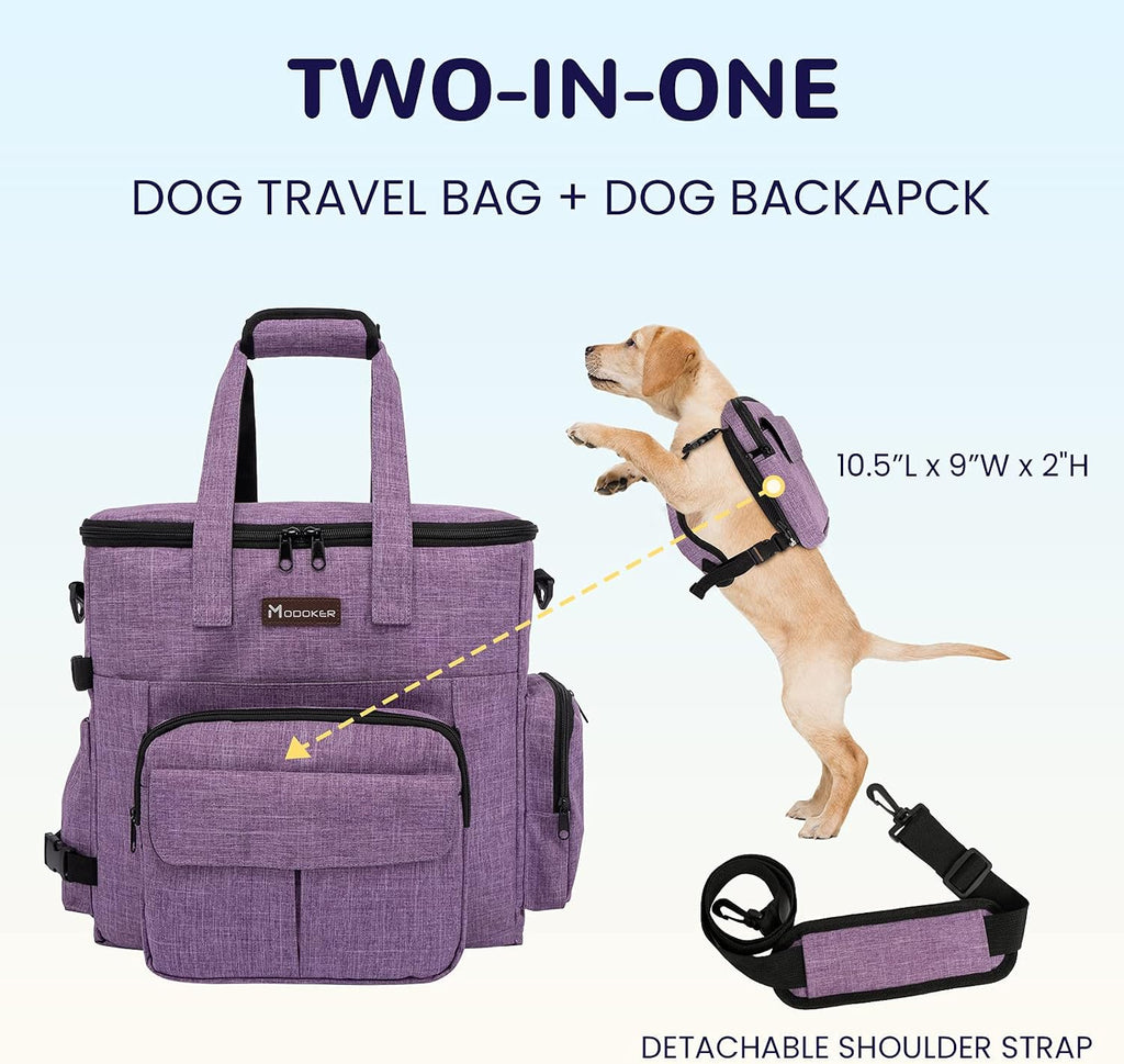 Dog Travel Organizer Carriers for Supplies & Accessories, Airline Approved Cat Pet Travel Bag, 2 Collapsible Bowls, 2 Travel Dog Food Container, Purple | Dog travel accessories set with feeding supplies, bowls, mat, and strap. Ideal for weekend trips. - view 2
