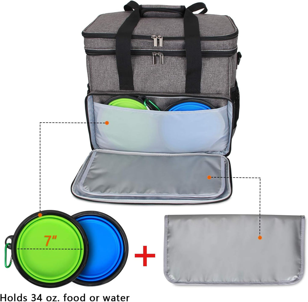 2 Layer Dog Travel Bag, Pet Supplies Weekend Tote Organizer, Gray | Large Dog Bag for Supplies with 2 Silicone Collapsible Bowls, 2 Food Carriers, 1 Water-Resistant Placemat - view 4