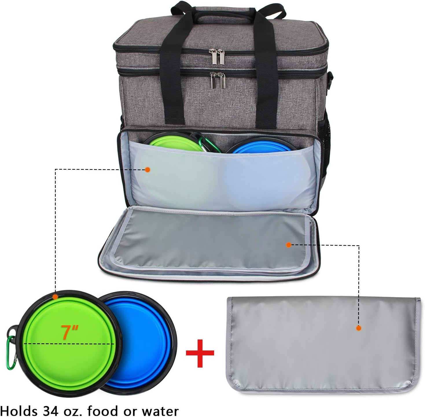 2 Layer Dog Travel Bag, Pet Supplies Weekend Tote Organizer, Gray | Large Dog Bag for Supplies with 2 Silicone Collapsible Bowls, 2 Food Carriers, 1 Water-Resistant Placemat - view 4