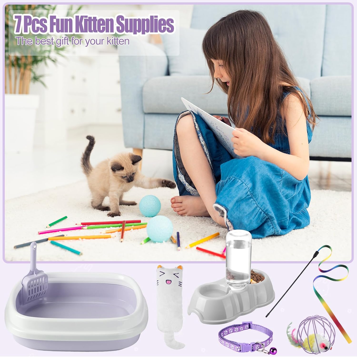 7 pcs small cat kitten starter kit cat litter box with shovel paw litter mat double automatic kitten bowls toy teaser stick collar essentials kits for 1-3 lbs beginner (stylish, purple) - view 7