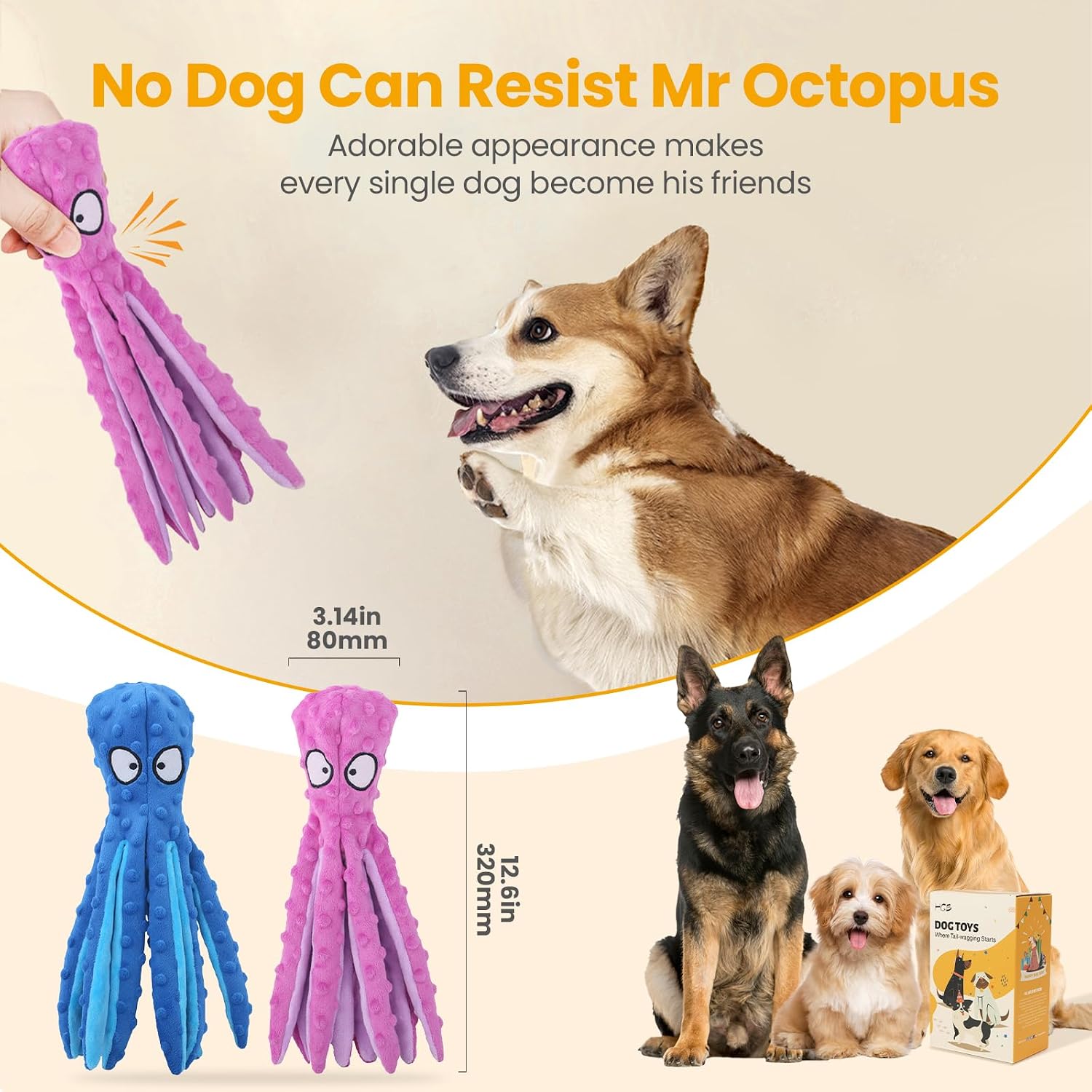 Squeaky dog toys - 2 pack no stuffing octopus crinkle plush chew toys for puppies small medium large dogs, interactive tug toys to keep dogs busy - view 3
