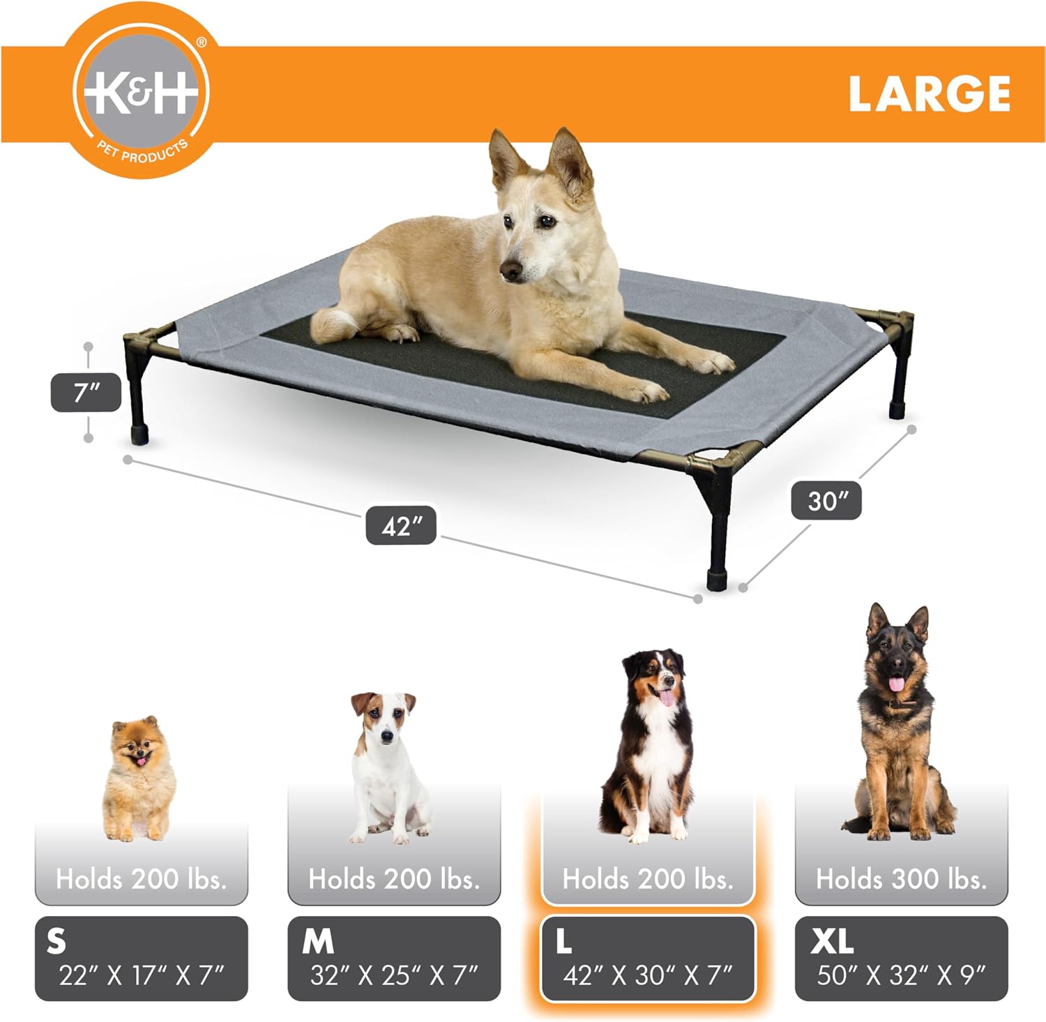 Outdoor elevated dog bed - cooling raised dog bed for medium & large pets, breathable mesh center hammock design, indoor/outdoor washable cover, portable metal frame, gray, large 42x30in - view 4
