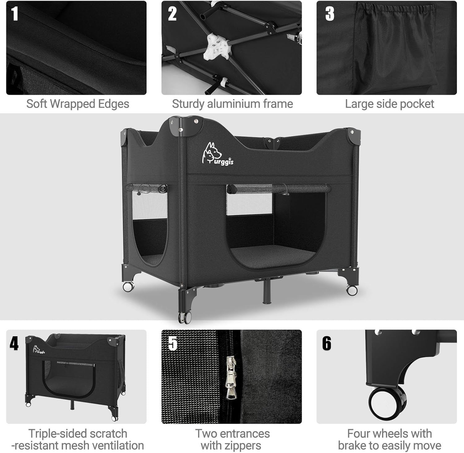 Bedside Dog Lounge Bed, Fordable Bunk Beds Attachment to Human Bed | Raised Dog Lounge Bed for Small Medium Cats & Dogs, Elevated Bedside Co-sleeper Dog Cot with Wheels, Pet Window Perch, Black - view 5