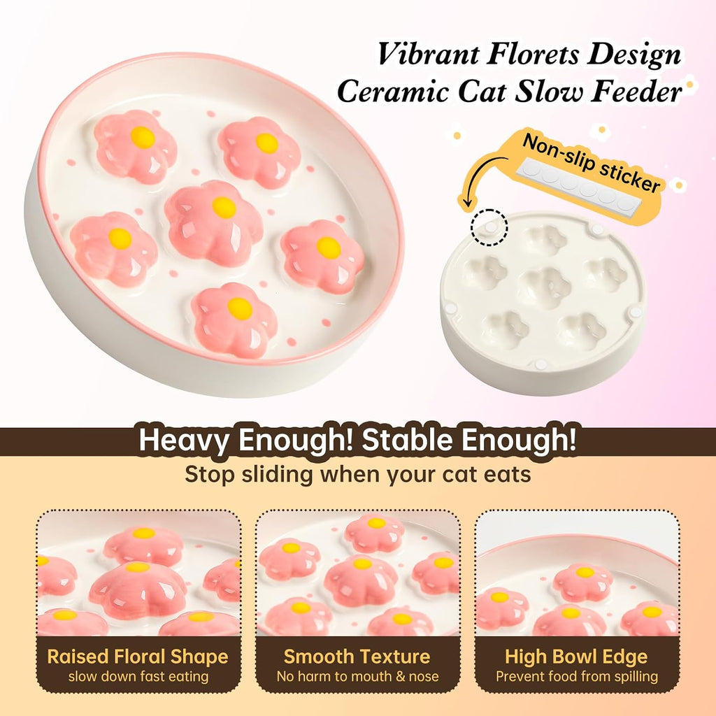 Ceramic slow feeder cat bowl, 6.3" whisker friendly anti-vomit, blush | shallow cat puzzle feeder, slow eating 3x, dry & wet food, cute flower-shaped maze, microwave & dishwasher safe, 6.3" X 1.2" - view 4