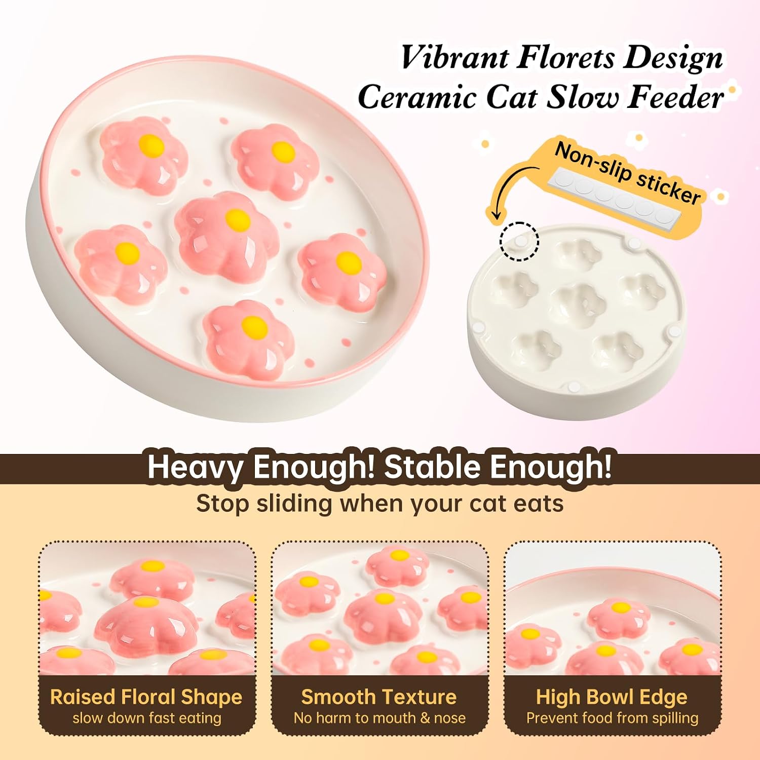 Ceramic slow feeder cat bowl, 6.3" whisker friendly anti-vomit, blush | shallow cat puzzle feeder, slow eating 3x, dry & wet food, cute flower-shaped maze, microwave & dishwasher safe, 6.3" X 1.2" - view 4