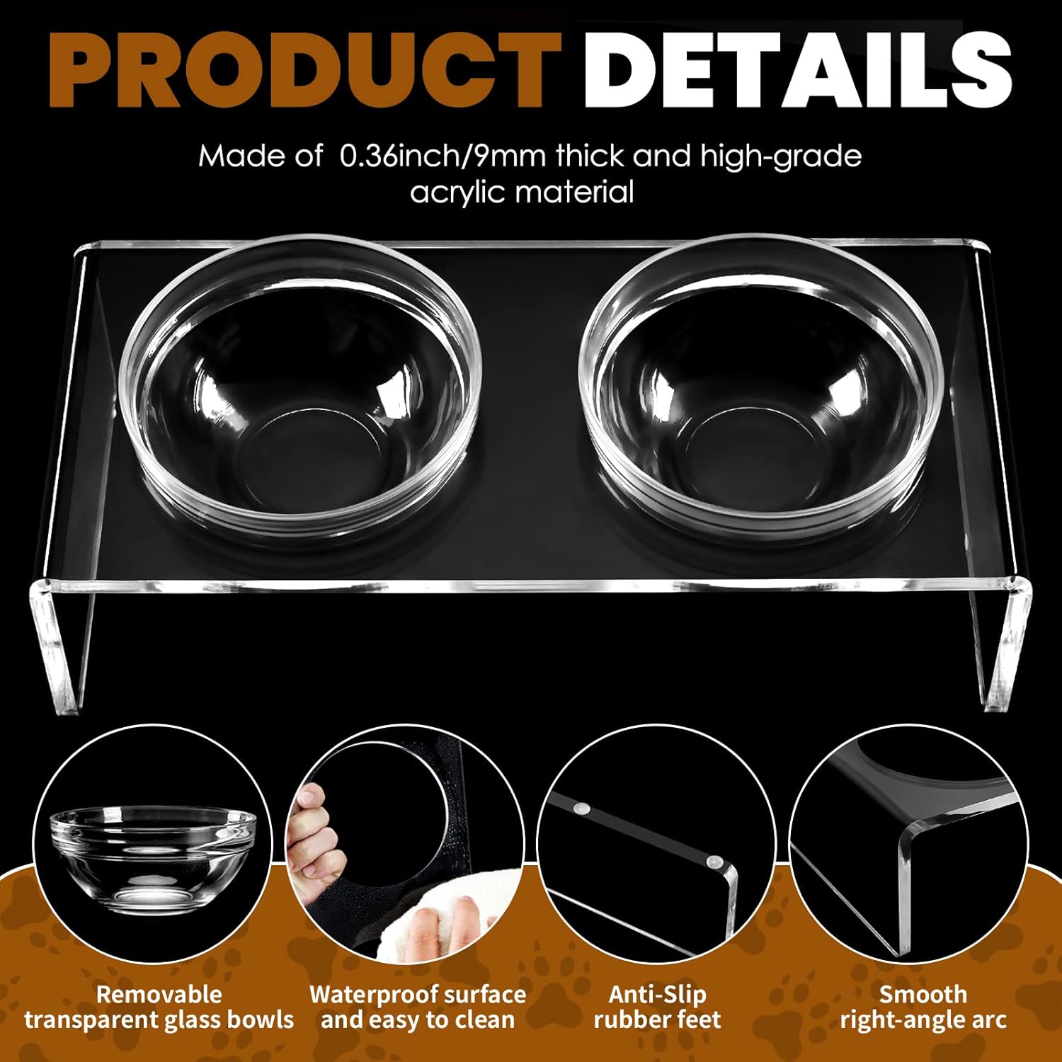 Acrylic elevated dog cat bowls pet feeder double bowl raised stand comes with 2 removable glass bowls and 2 stainless steel bowls. Perfect for medium dogs, 5.5" tall - view 5