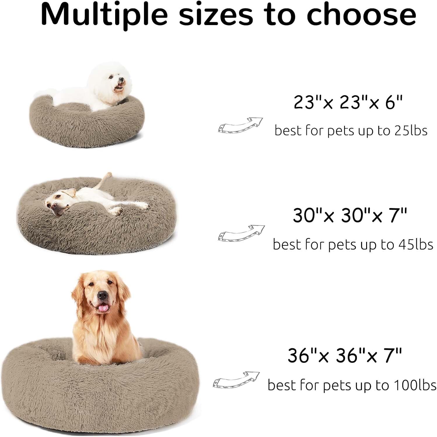 Calming Donut Cuddler Dog Bed, Round Fluffy Pet Bed with Sewn-in Cushion for Large Dogs,Washable, Large, Taupe, 30'' - view 3