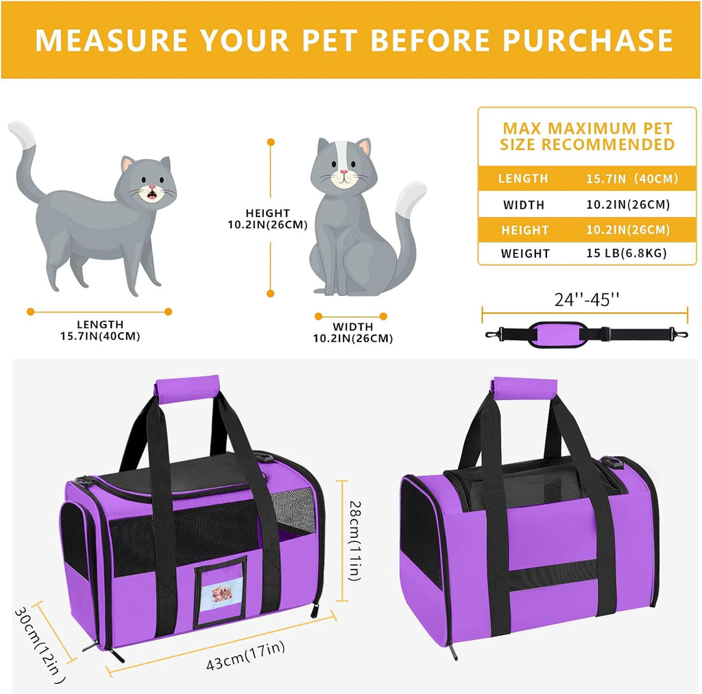 17" airline approved cat carrier for cats up to 15lbs, purple | TSA compliant fits under seat, soft-sided lightweight, 4-side breathable mesh, collapsible food bowl for travel - view 2