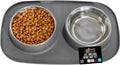 Dog bowl set with slip resistant silicone feeding mat, food grade 304 stainless steel bowls, BPA free, high edge spill containment, dishwasher safe, finger notch removal, 1 cup, gray