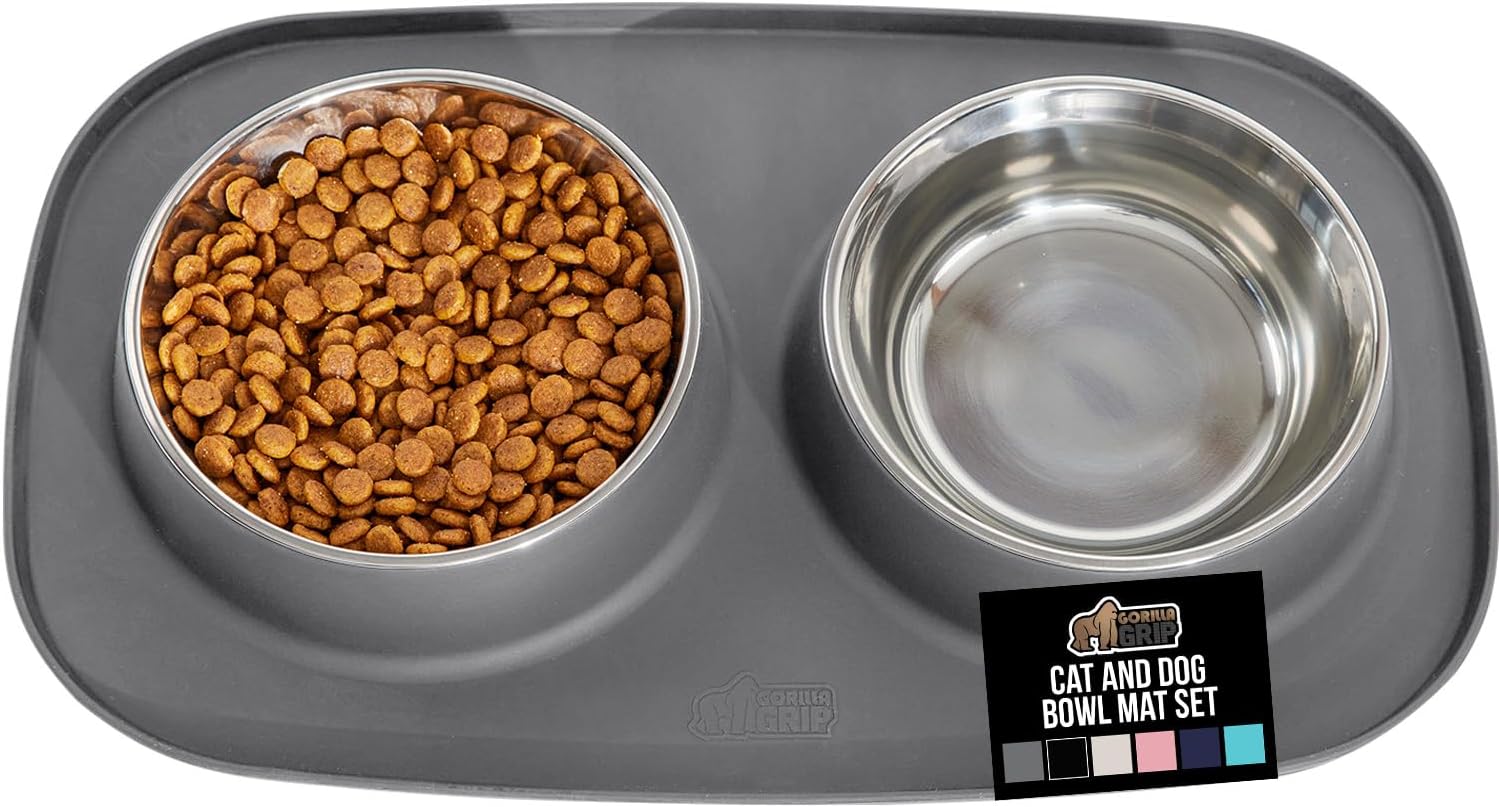 Dog bowl set with slip resistant silicone feeding mat, food grade 304 stainless steel bowls, BPA free, high edge spill containment, dishwasher safe, finger notch removal, 1 cup, gray