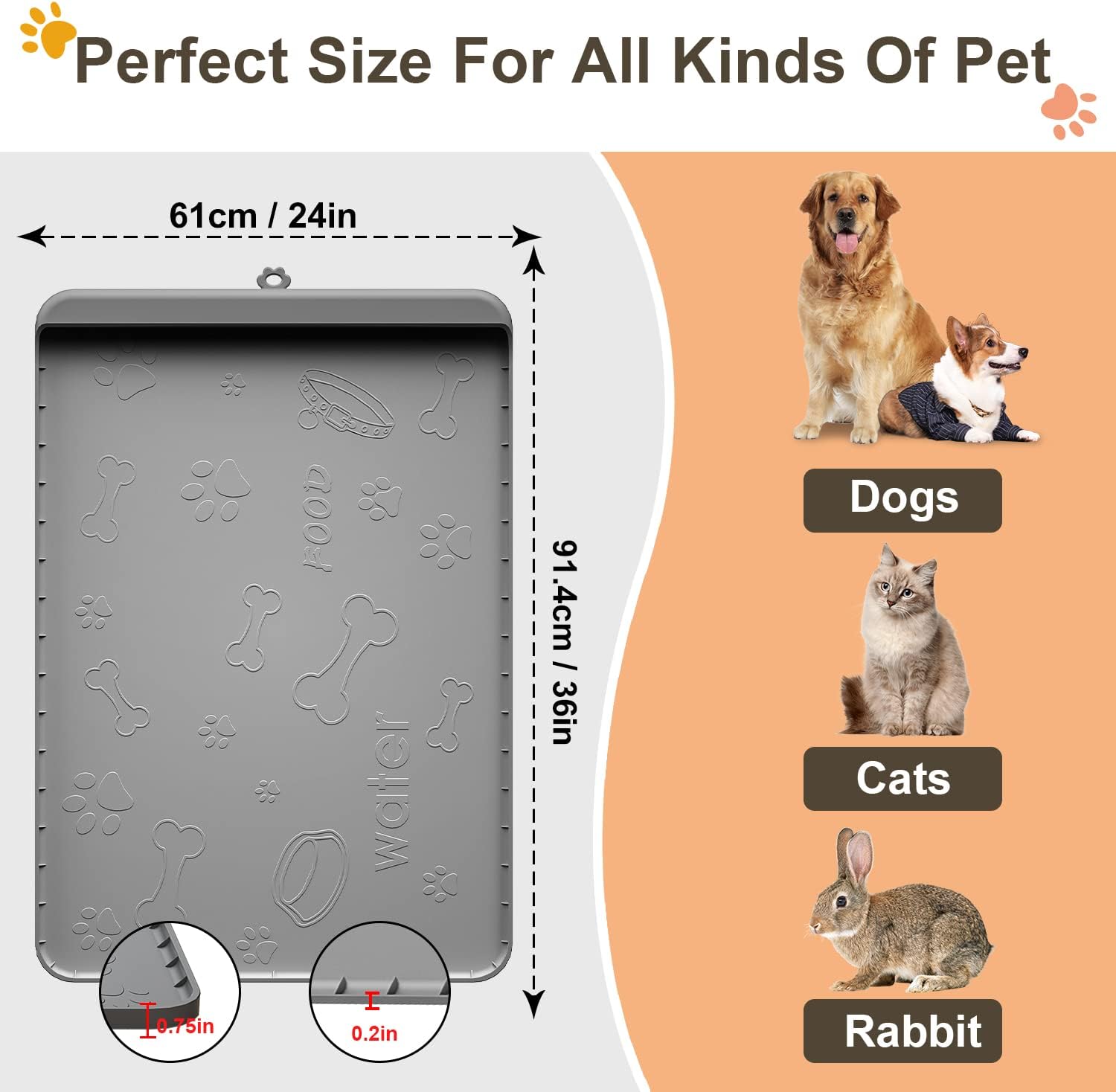 Dog food mat 36"x24" - silicone dog mat for food and water large pet feeding mats with residue collection pocket - waterproof dog cat bowl mat with high edges to prevent water food spills (gray) - view 6