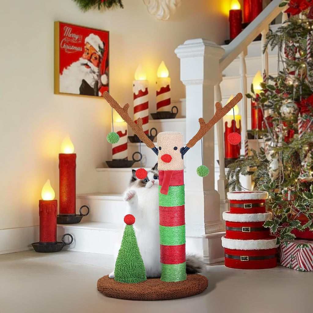 Christmas Cat Scratching Post Deer Cat Trees for Adult Cats Scratcher Cute Toy Kitten Kitty Sisal Scratch with Teaser Ball Indoor 25 inch - view 3