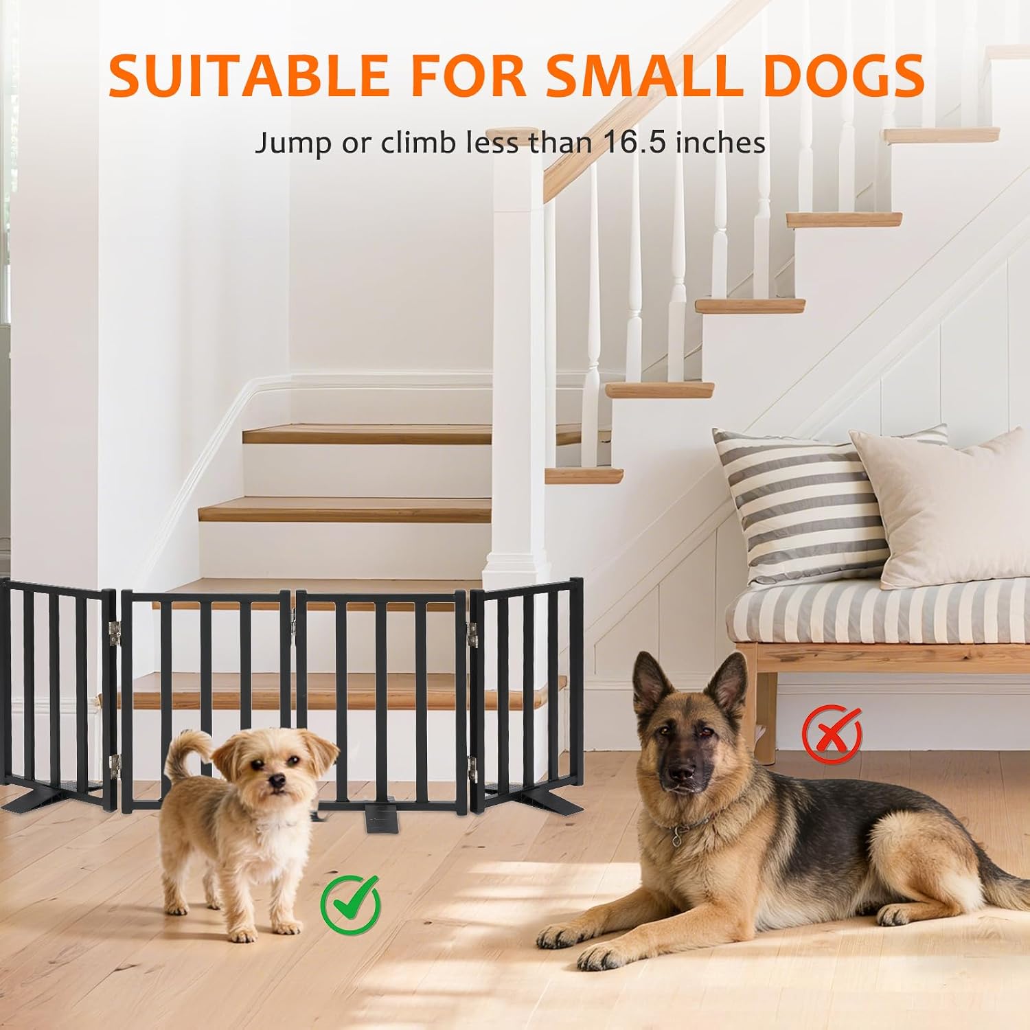 Freestanding Short Dog Gate, 16.5" Tall, 3-Panel, Black | Up to 36 in wide, foldable, easy step-over, stable feet, for small dogs, doorways, stairs and kitchens - view 5