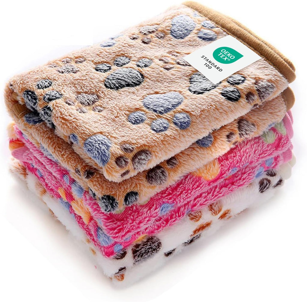 Dog blanket 3 pack, soft cozy fleece throw for puppy cat, 23"x16" | fuzzy flannel small pet blanket washable, cute paw print for crate car bed. Puppy essential, cat stuff gifts, small