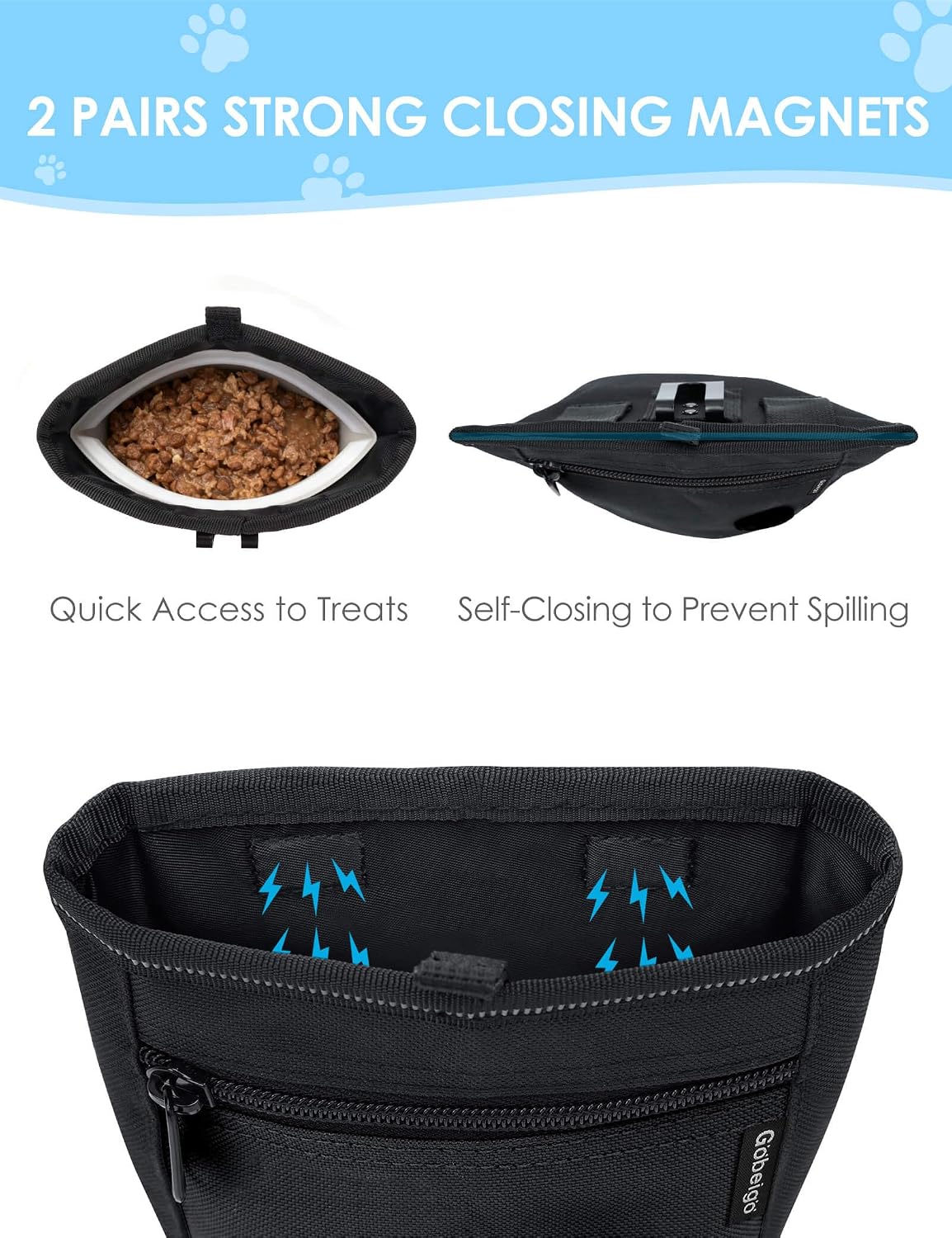 2 Cup Dog Treat Pouch with Silicone Insert Bag& Clicker(Raven) | 2 Pair Magnetic Closures, Zipper Pocket with Poop Bag Holder, Waist Belt & Metal Clip to Wear for Pet Training/Daily Walking - view 3