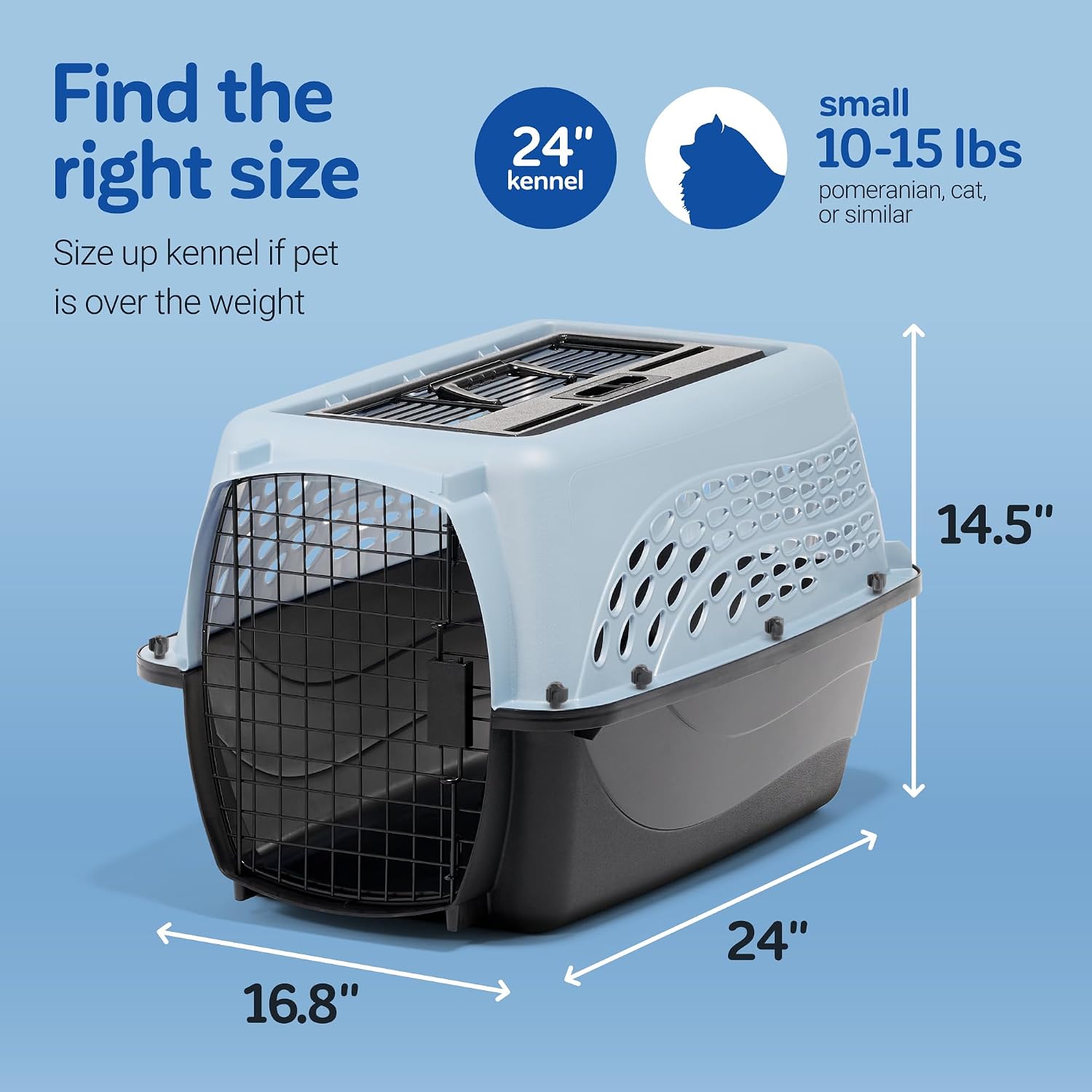 Dog Crates for Small Dogs & Cat Carriers, Two-Door Plastic Pet Kennel, Top & Front Loading, Made in USA, 24", Blue | Plastic pet kennel made in USA, for small pups and kittens, dual entry design, great for travel and vet trips, easy access - view 4