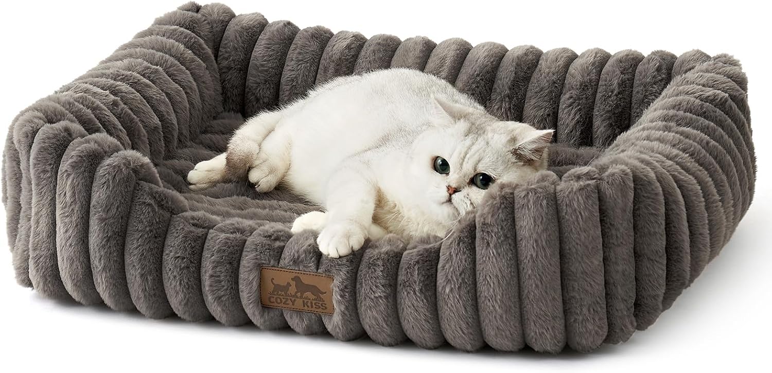 Orthopedic dog bed for small dogs & cats - washable rectangle pet bed with anti-slip bottom, soft calming cat & puppy bed for indoor pets (25"x21"x6", grey)