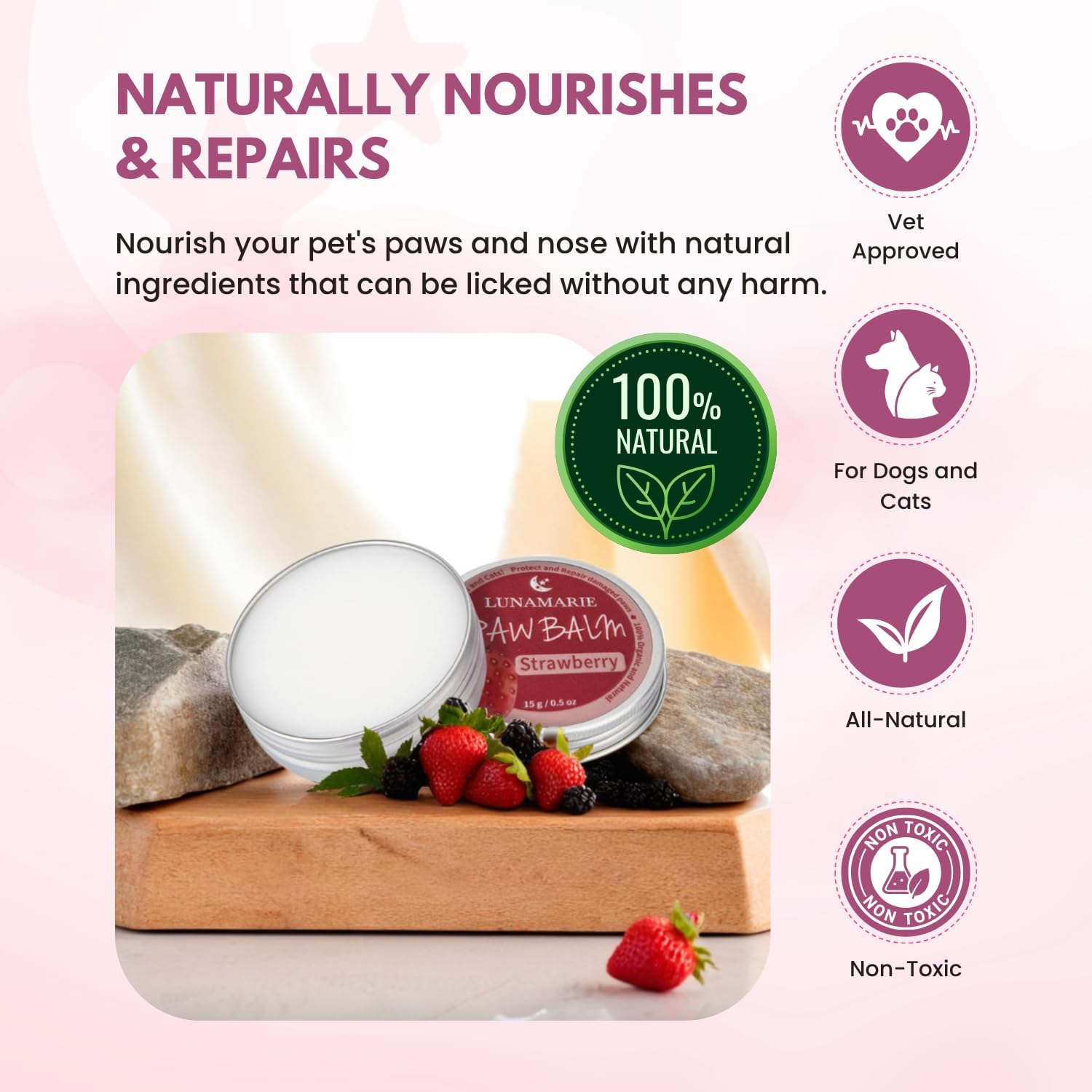 Paw Balm | 100% Natural Organic Nose & Paw Soother with Shea Butter & Coconut Oil | Paw Pad Balm Dogs & Cats, Licksafe Paw Wax for Pets with Lavender Scent (Strawberry (Travel Size) 0.5 Oz) - view 4