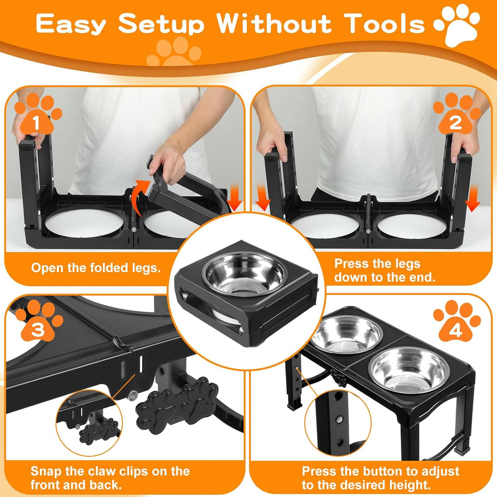 Elevated Dog Bowls, 5 Adjustable Heights (3.9"-13.4") Raised Dogs Food Bowl Stand for Medium Large Sized Dogs, Non-Slip Foldable Travel Pet Feeder Black with Stainless Steel Bowls - view 7